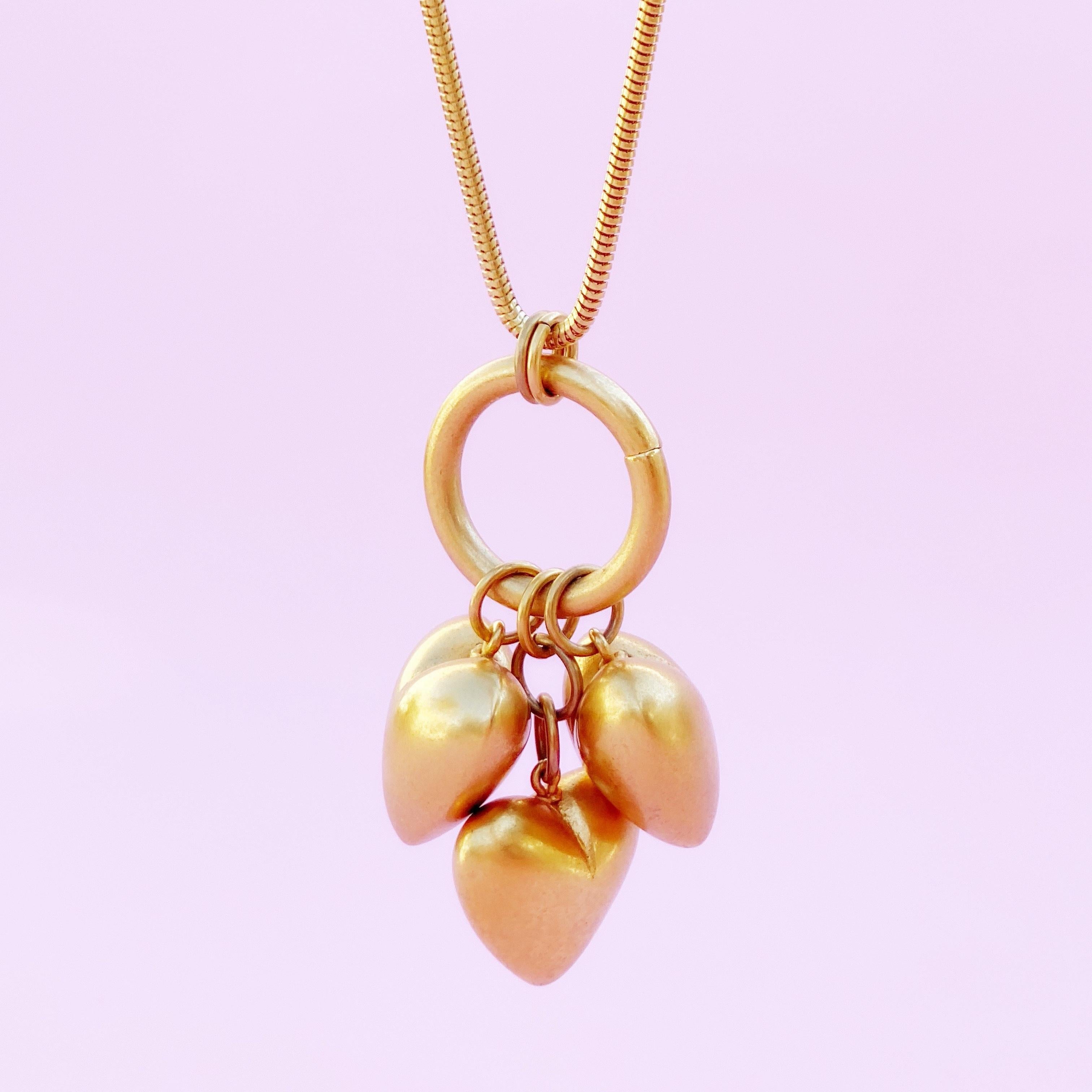 Modern Gilded Dangling Puffy Heart Charms Necklace w Snake Chain By Anne Klein, 1980s