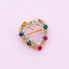 Gilded "DEAREST" Heart Brooch with Simulated Gemstones by Crown Trifari, 1950s