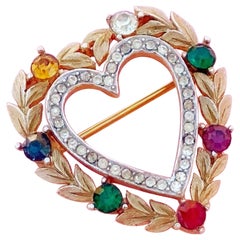 Vintage Gilded "DEAREST" Heart Brooch with Simulated Gemstones by Crown Trifari, 1950s