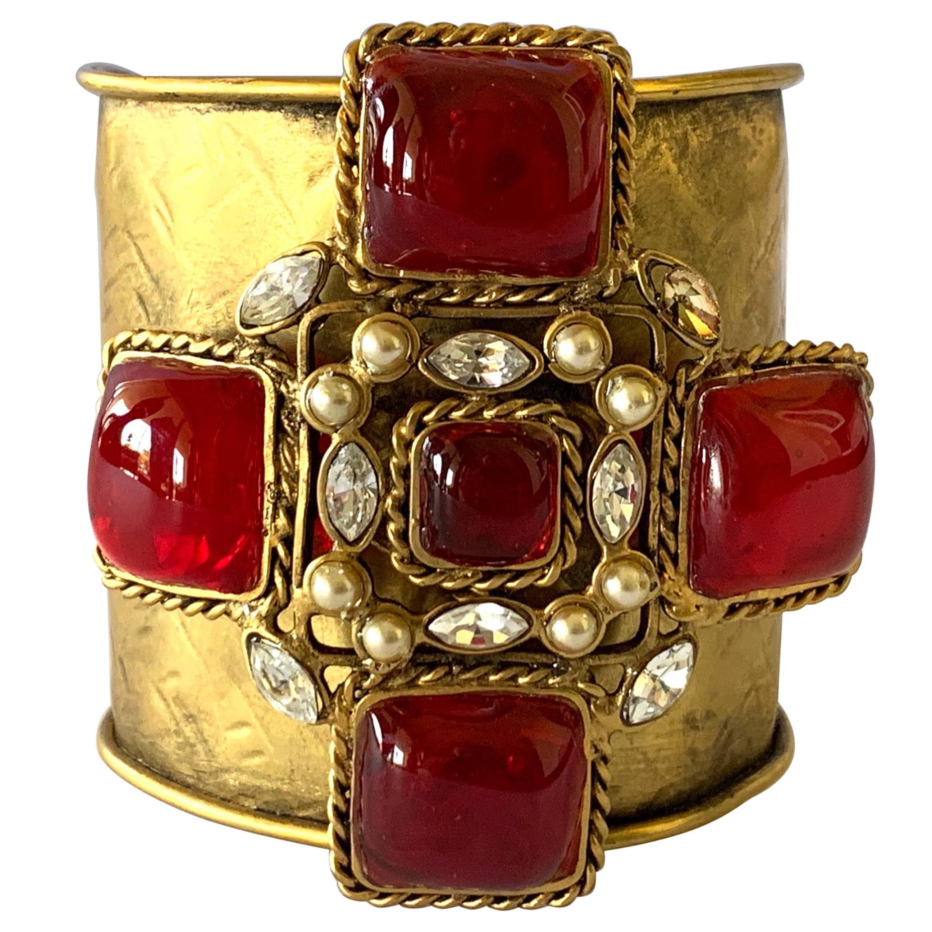  "Gilded" Diamante and "Pate de Verre" Maltese Cross Cuff Bracelet