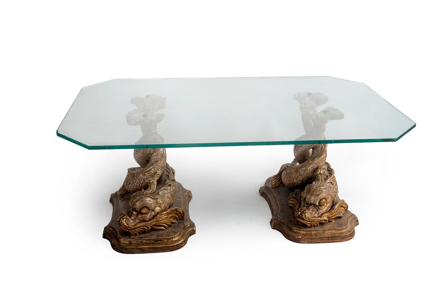 Gilt Gilded Dolphin Coffee Table Base with a Glass Top