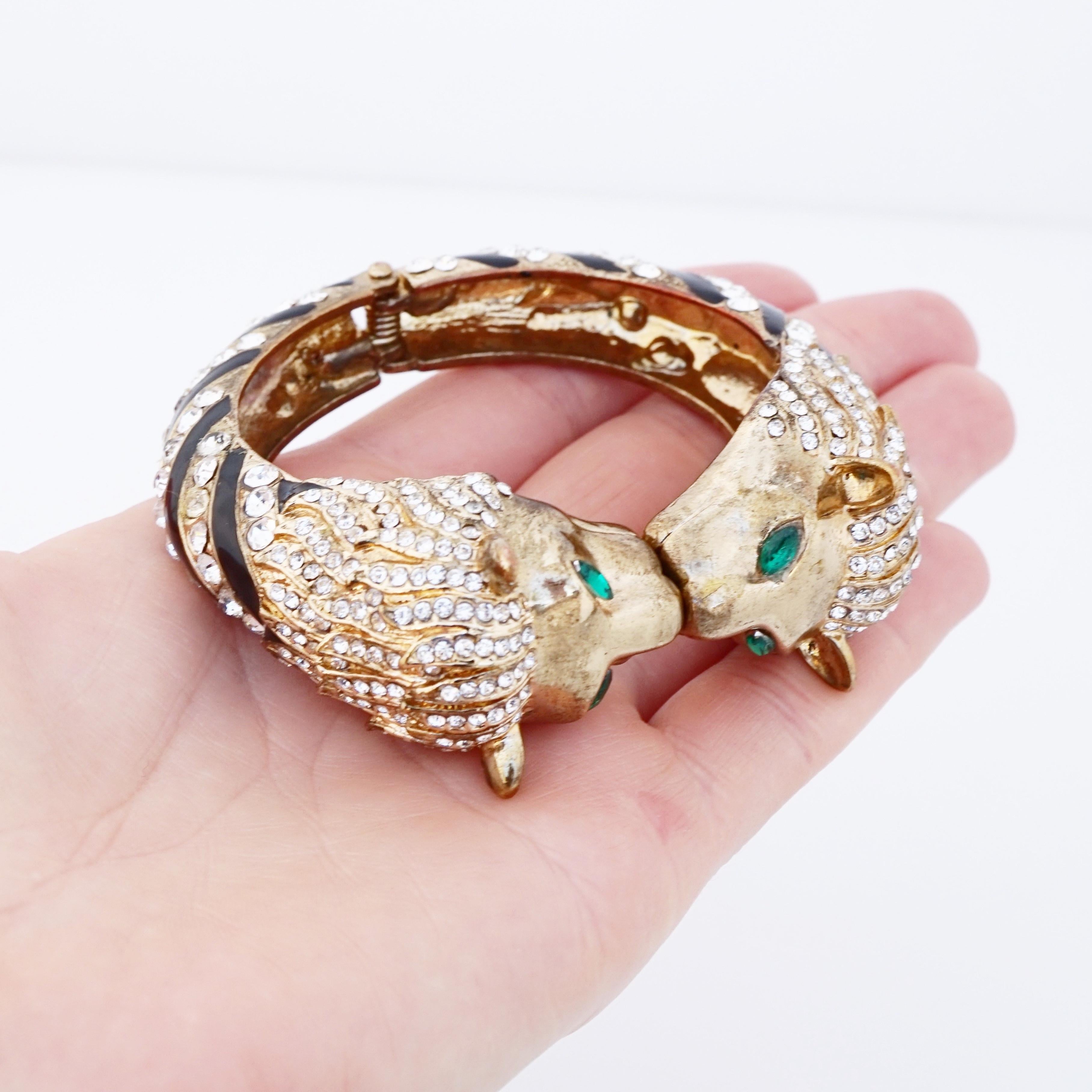 Modern Gilded Double Lion Head Hinged Bangle Bracelet By Kenneth Jay Lane, 1960s