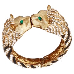 Gilded Double Lion Head Hinged Bangle Bracelet By Kenneth Jay Lane, 1960s