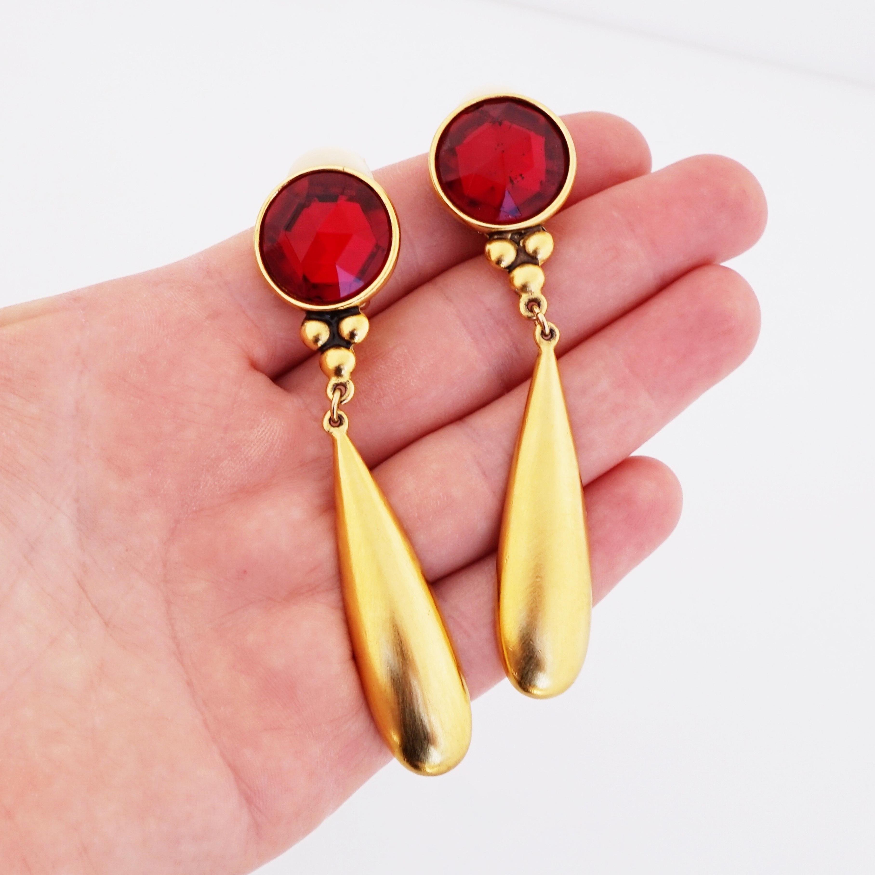 Gilded Drop Earrings With Ruby Red Crystals By Ben-Amun, 1980s In Good Condition In McKinney, TX