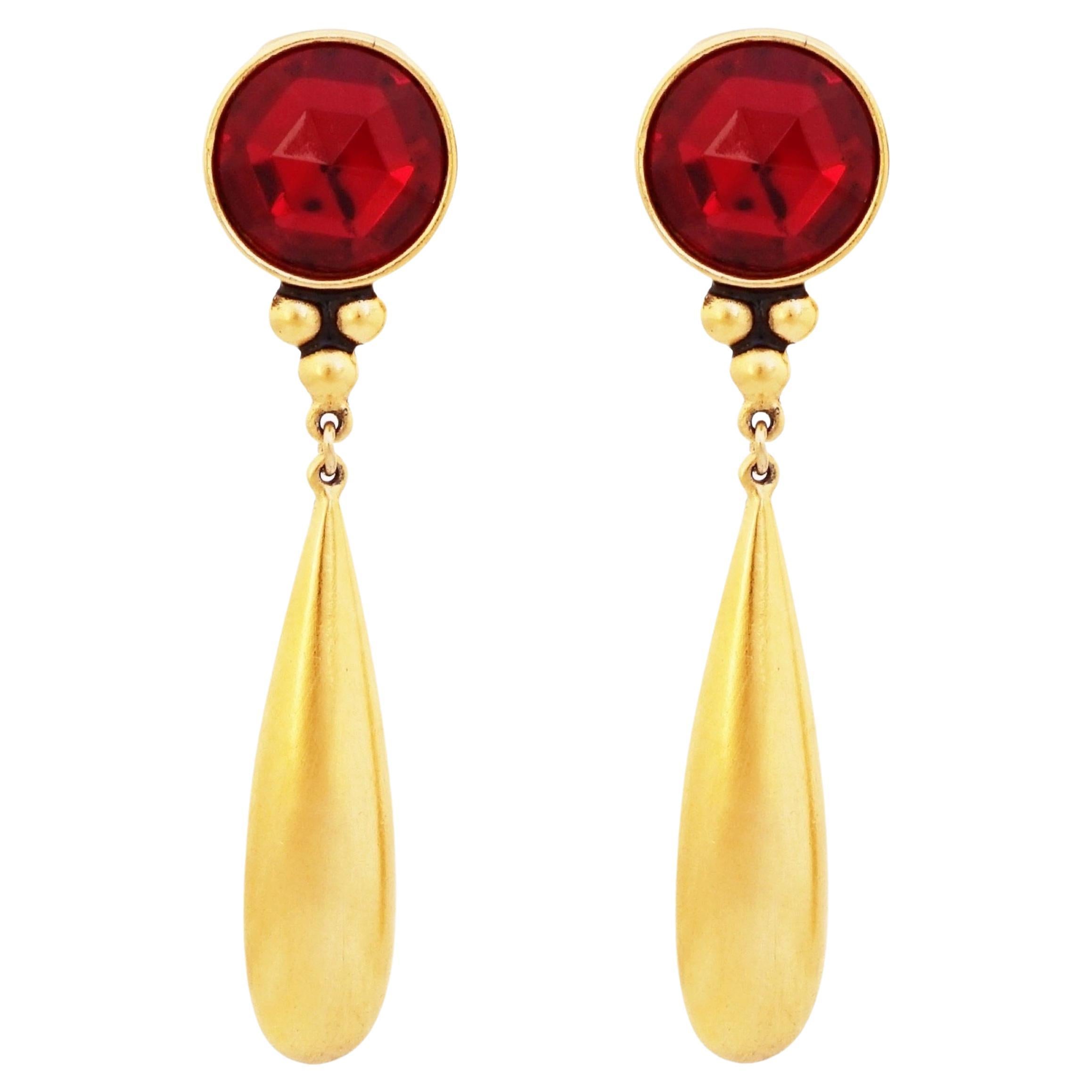 Gilded Drop Earrings With Ruby Red Crystals By Ben-Amun, 1980s