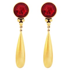 Retro Gilded Drop Earrings With Ruby Red Crystals By Ben-Amun, 1980s