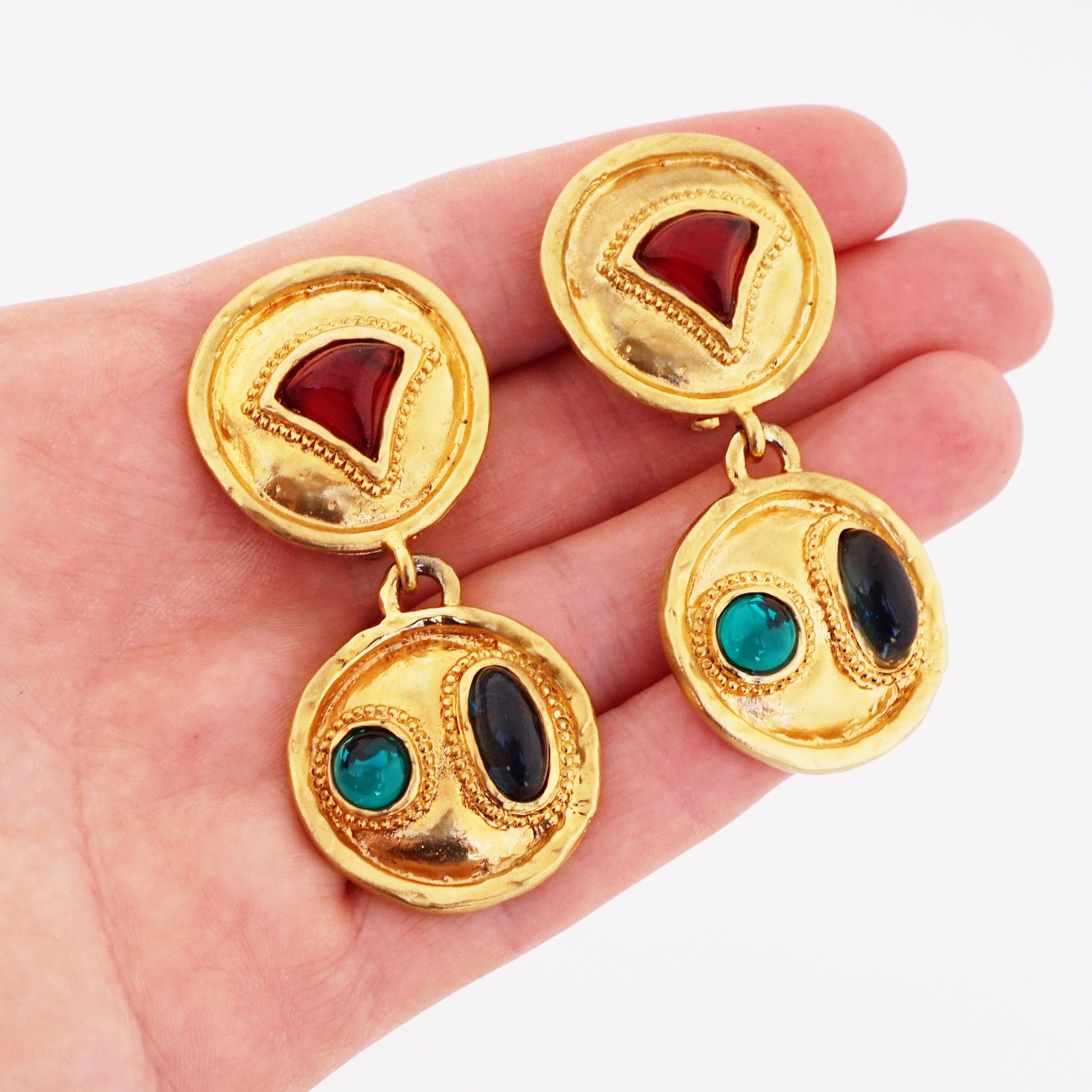 Gilded Drop Statement Earrings With Colorful Gripoix Glass By Les Bernard, 1980s In Good Condition For Sale In McKinney, TX