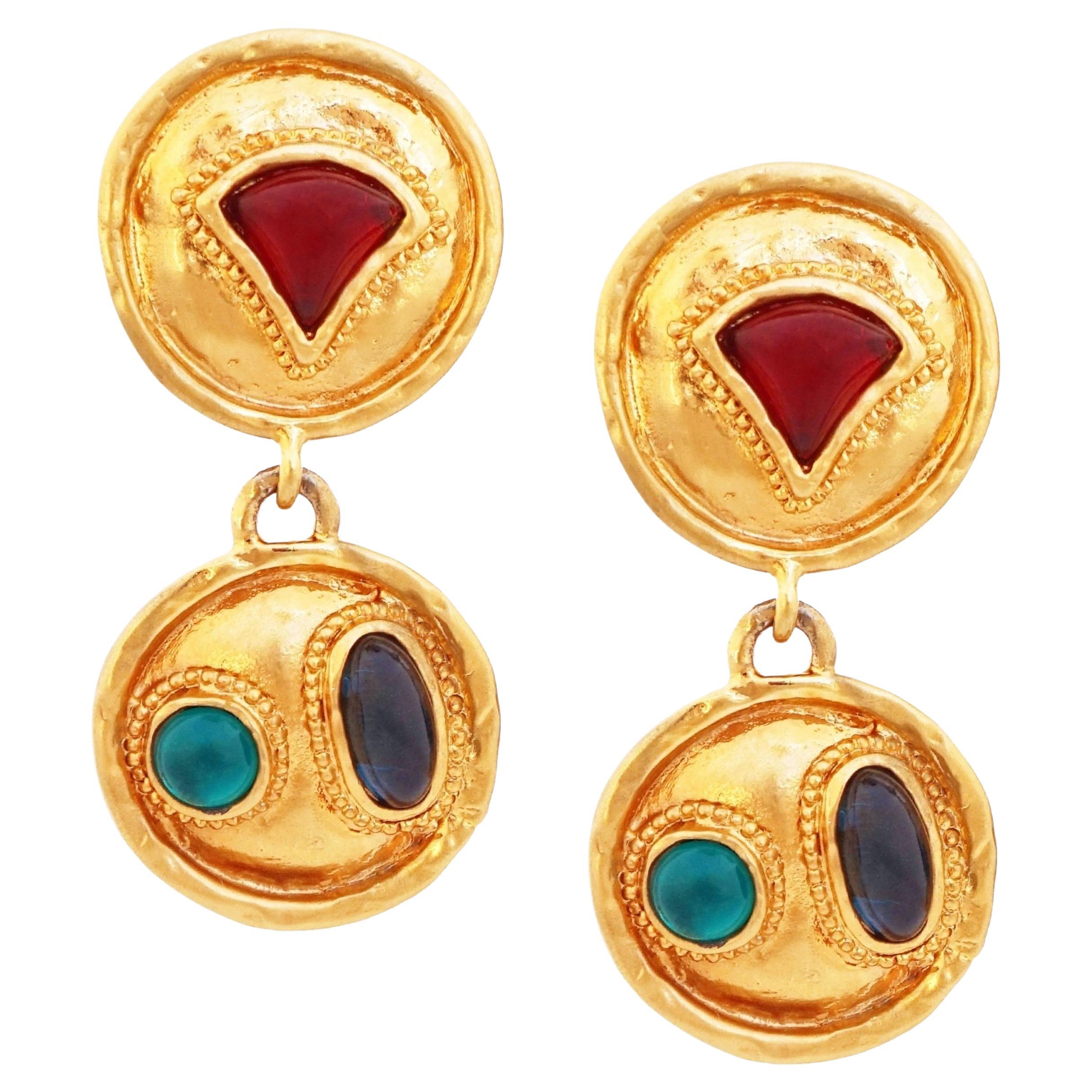 Gilded Drop Statement Earrings With Colorful Gripoix Glass By Les Bernard, 1980s For Sale