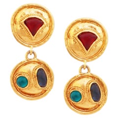 Used Gilded Drop Statement Earrings With Colorful Gripoix Glass By Les Bernard, 1980s