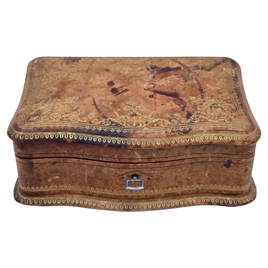 Gilded Embossed Antique French Leather Jewelry Box