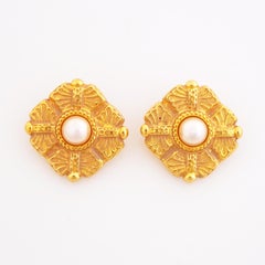 Gilded Etruscan Earrings With Faux Pearls By Ben-Amun, 1980s