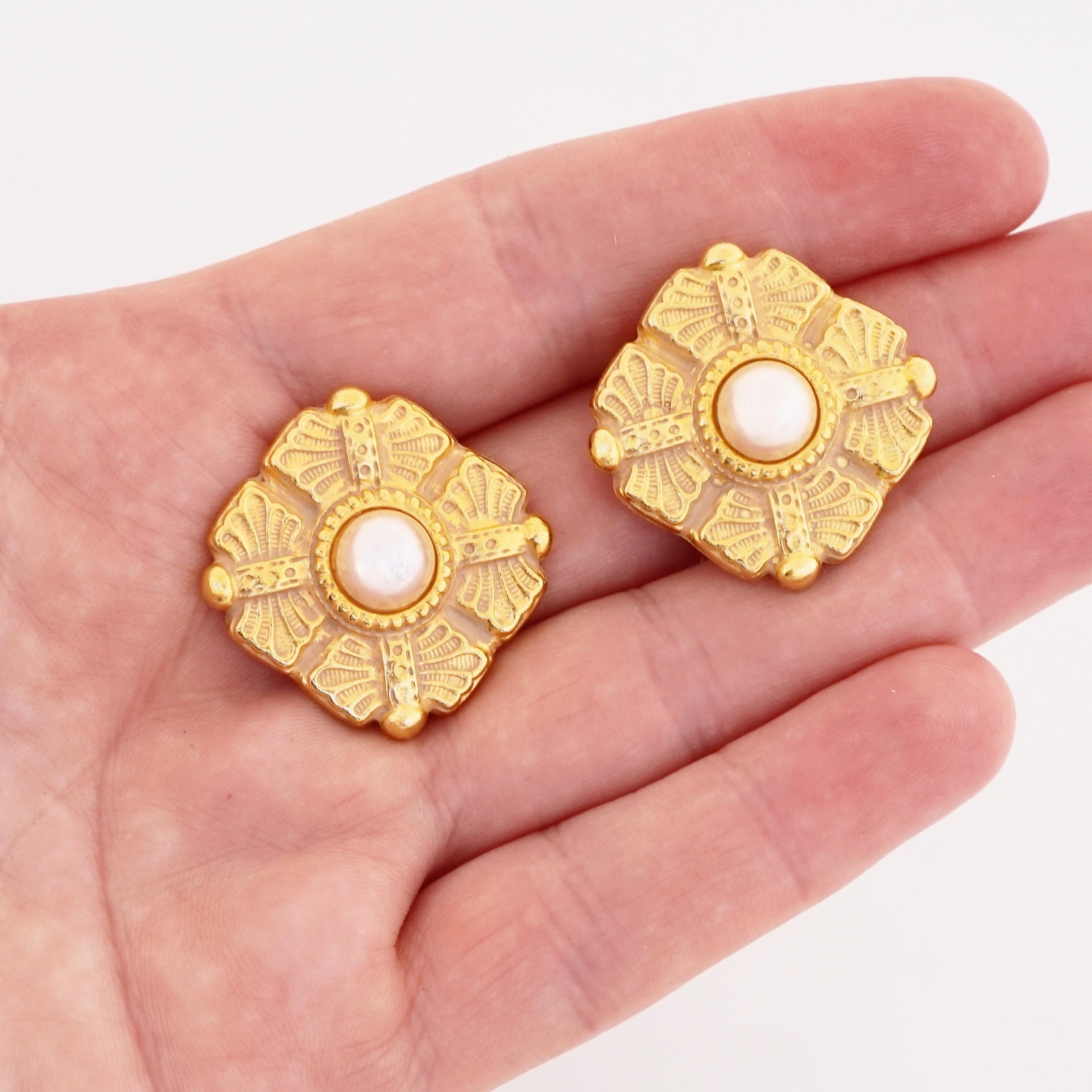 Modern Gilded Etruscan Earrings With Faux Pearls By Ben-Amun, 1980s For Sale