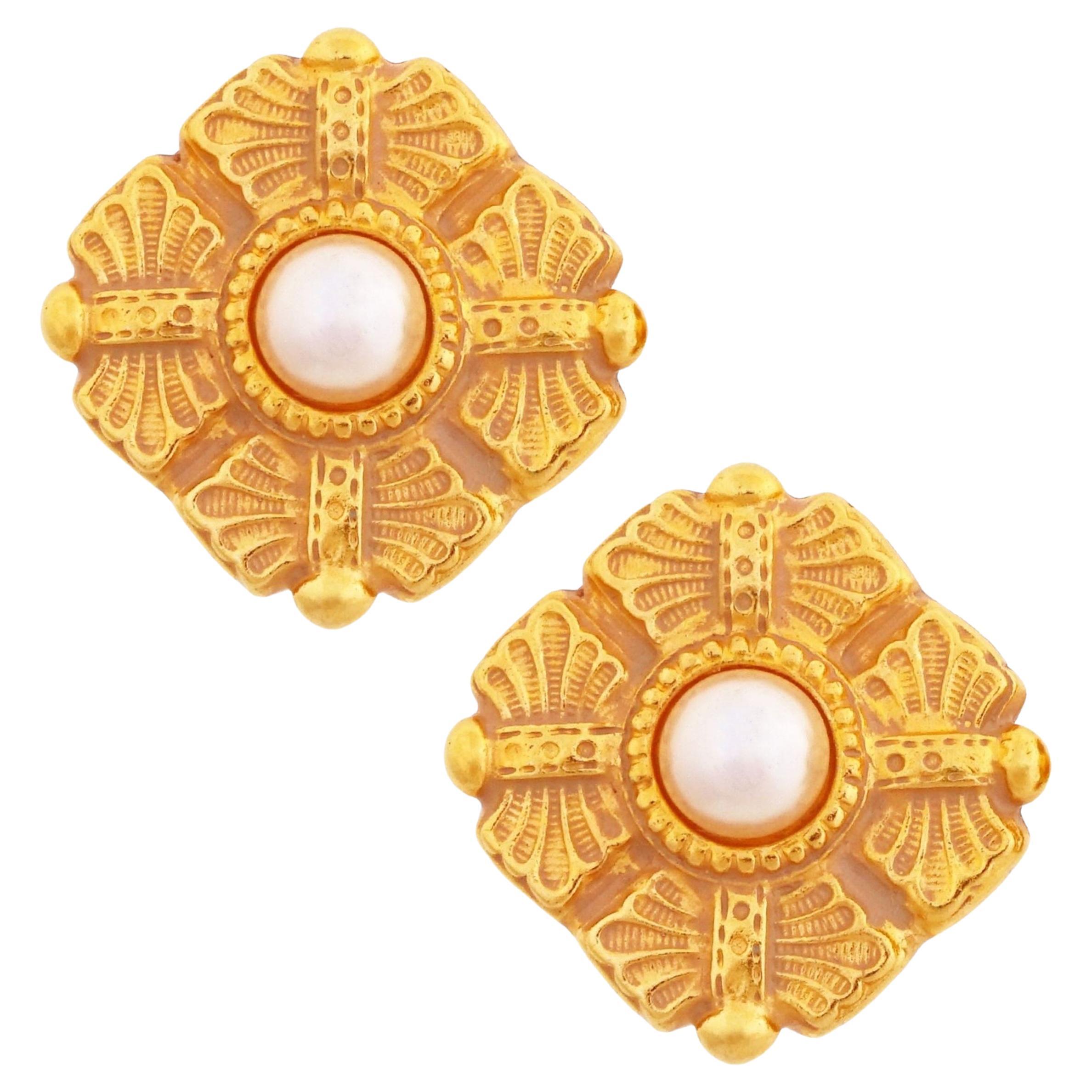 Gilded Etruscan Earrings With Faux Pearls By Ben-Amun, 1980s For Sale
