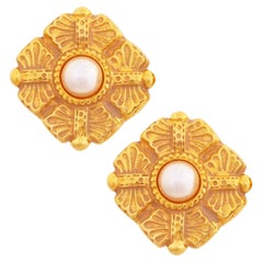 Vintage Gilded Etruscan Earrings With Faux Pearls By Ben-Amun, 1980s