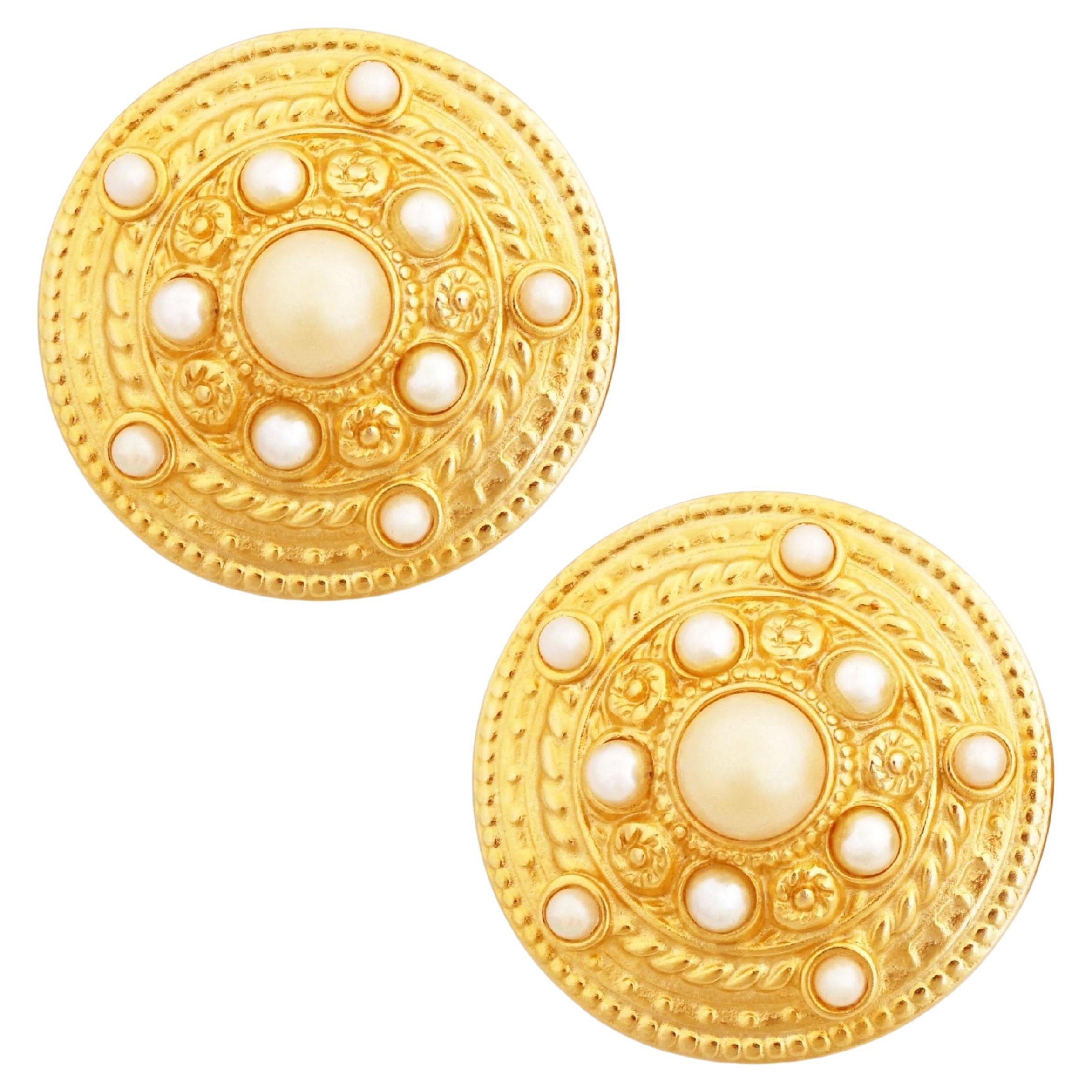 Gilded Etruscan Medallion Statement Earrings With Faux Pearls By Ben-Amun, 1980s For Sale