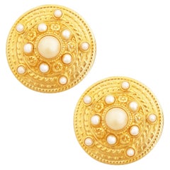 Vintage Gilded Etruscan Medallion Statement Earrings With Faux Pearls By Ben-Amun, 1980s