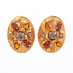 Gilded Etruscan Oval Earrings With Gray, Topaz & Amber Crystals, 1980s