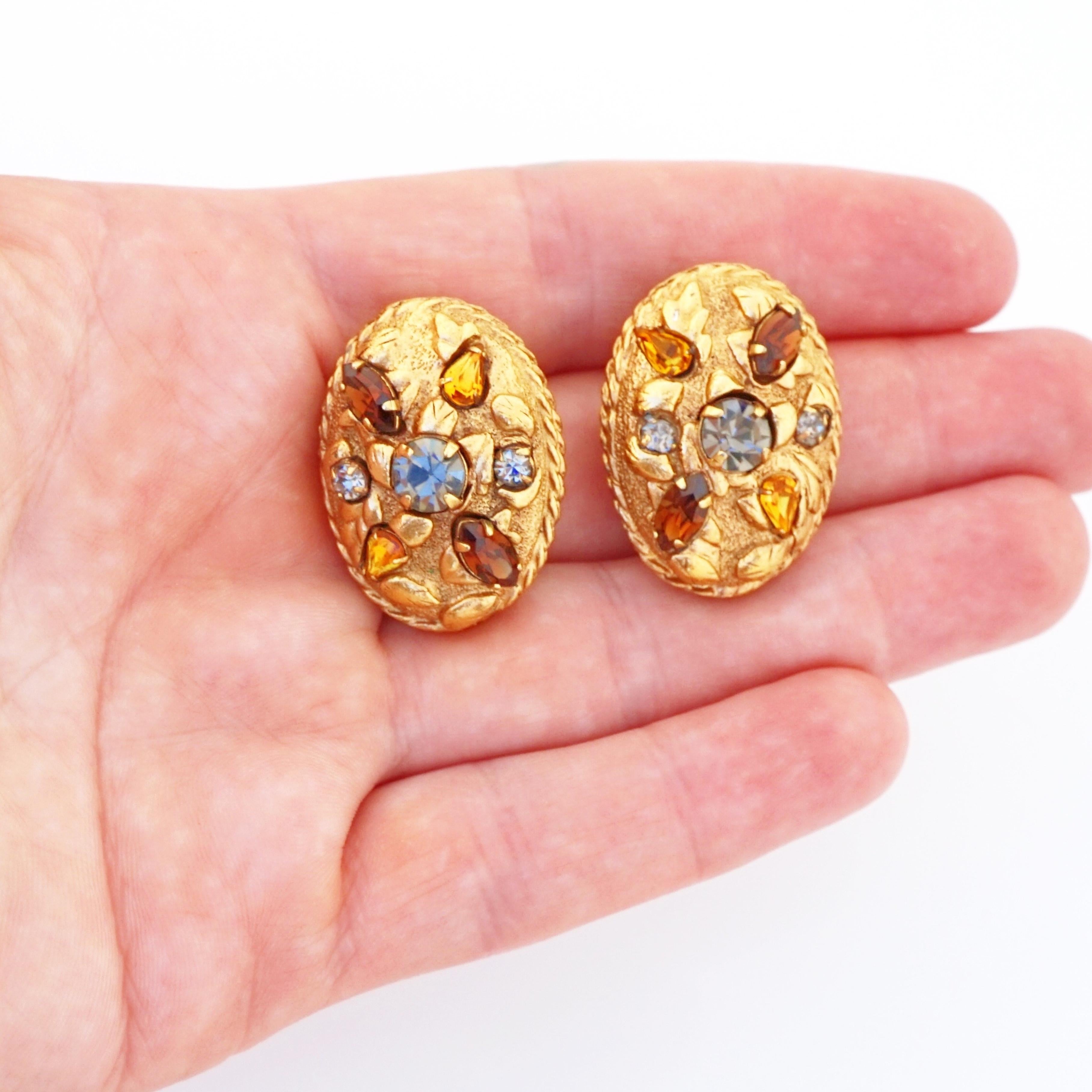 Women's Gilded Etruscan Oval Earrings With Gray, Topaz & Amber Crystals, 1980s For Sale