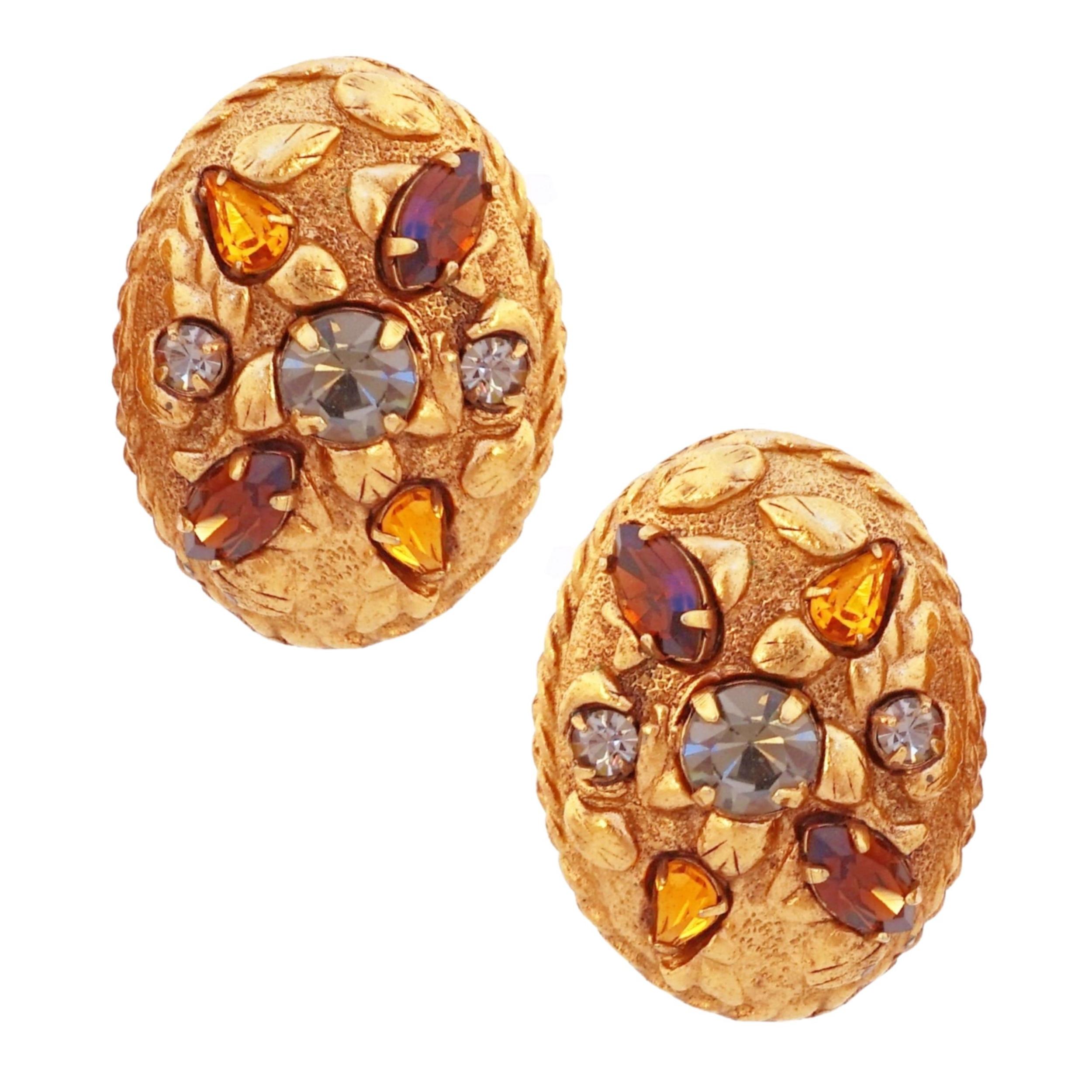 Gilded Etruscan Oval Earrings With Gray, Topaz & Amber Crystals, 1980s For Sale