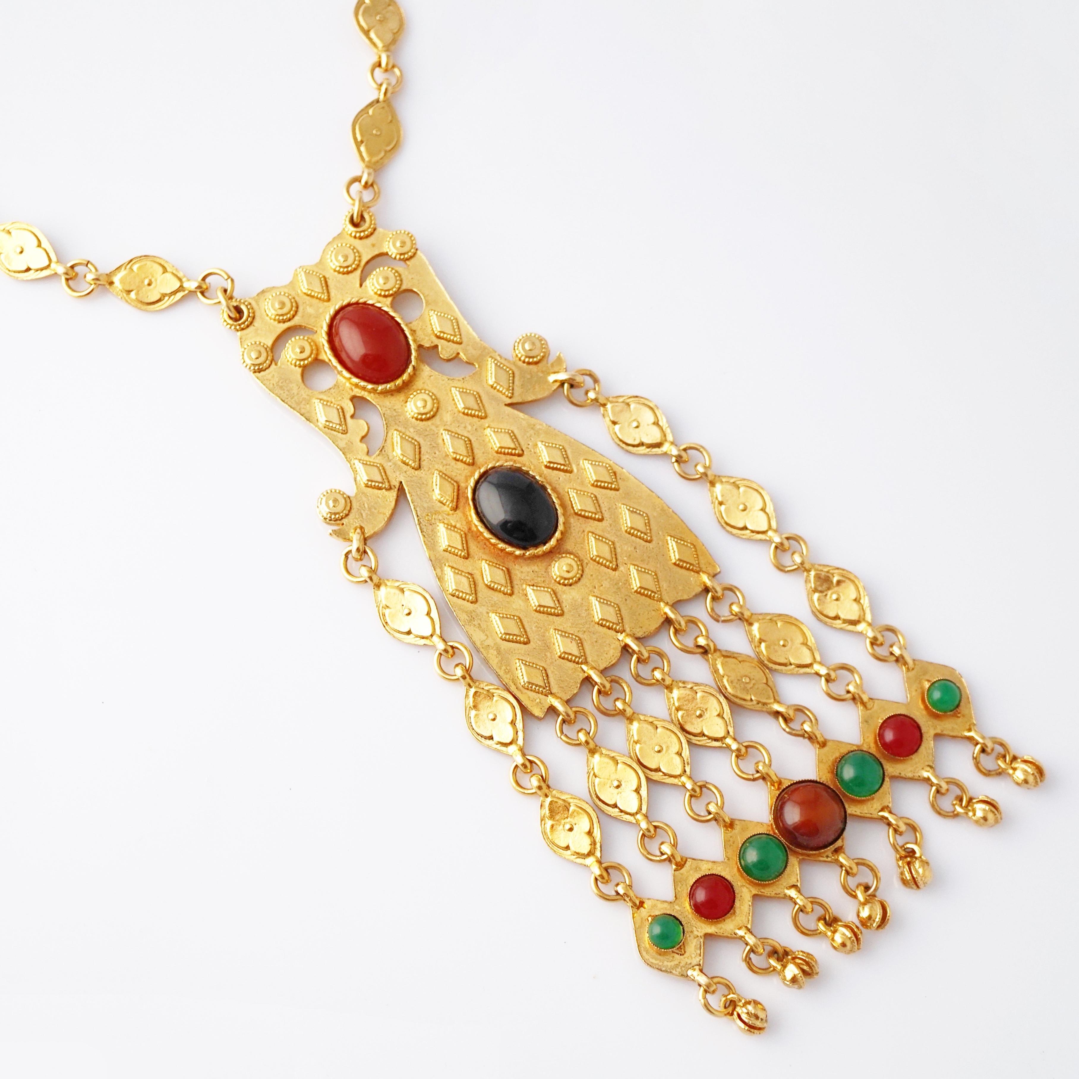 Modern Gilded Etruscan Statement Necklace w Jewel Tone Cabochons By Accessocraft, 1970s For Sale