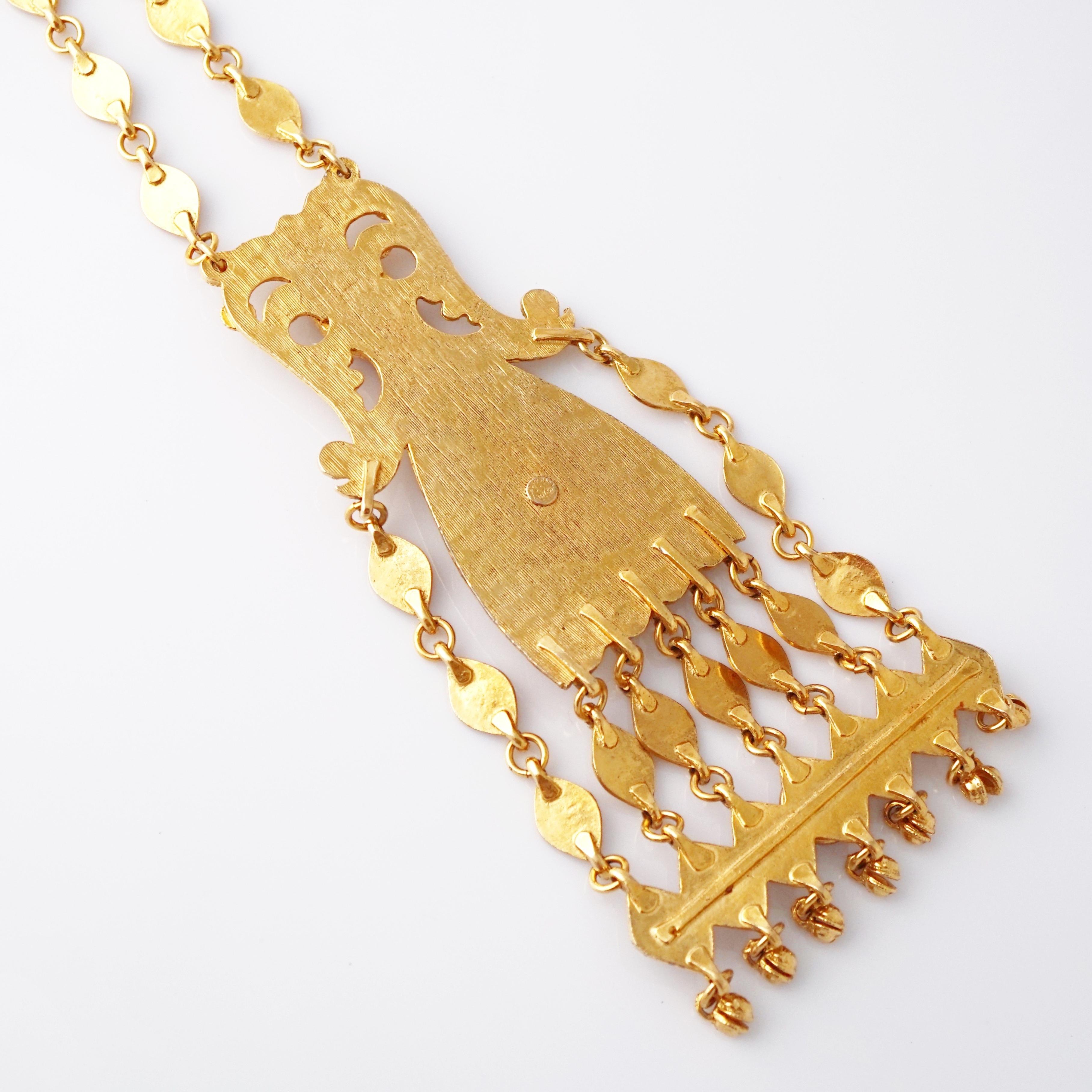 Gilded Etruscan Statement Necklace w Jewel Tone Cabochons By Accessocraft, 1970s In Good Condition For Sale In McKinney, TX