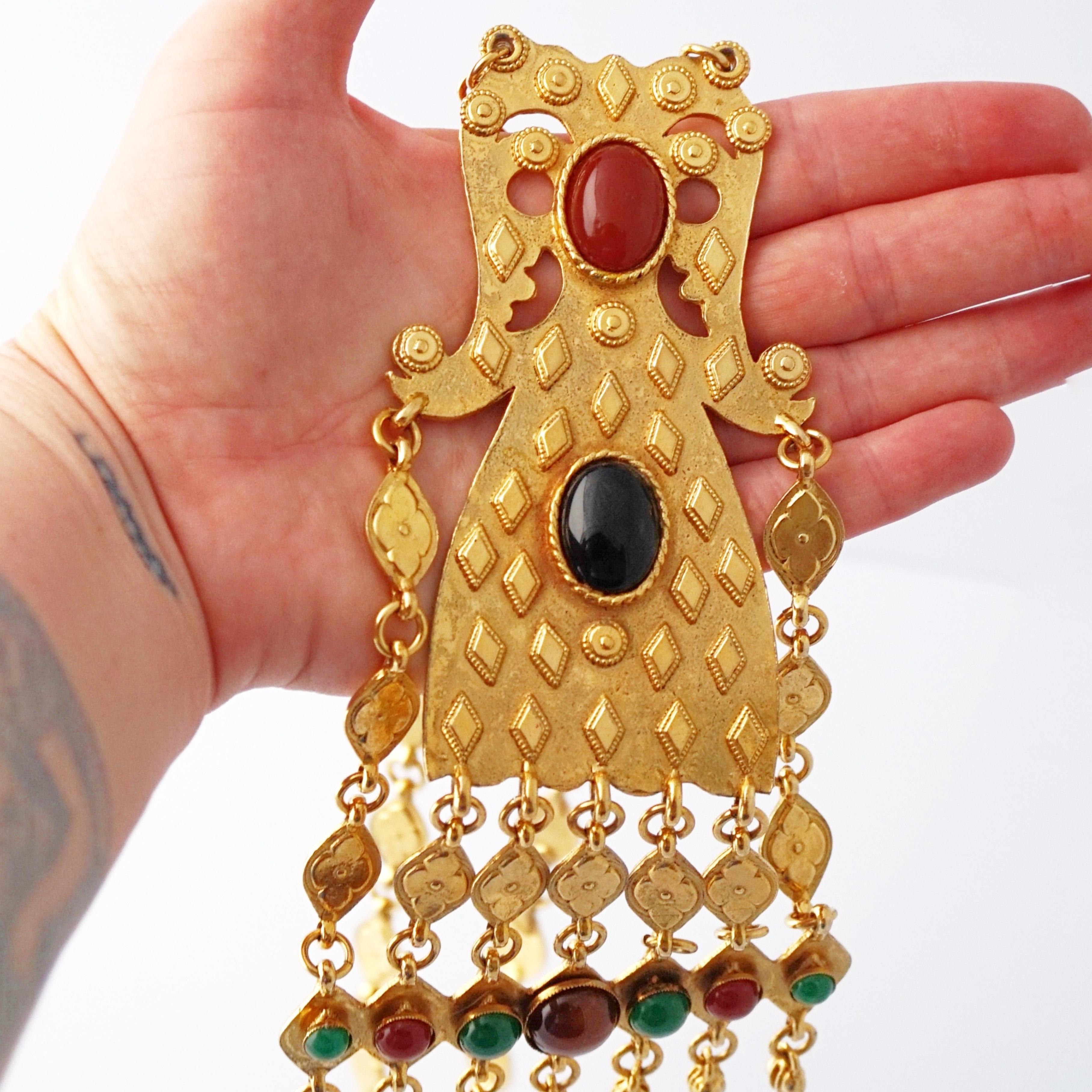 Gilded Etruscan Statement Necklace w Jewel Tone Cabochons By Accessocraft, 1970s For Sale 1