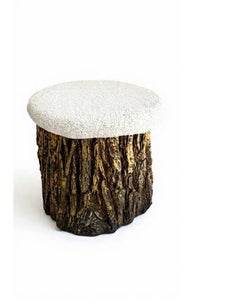 Gilded Faux Bois Ottoman in Boucle Fabric