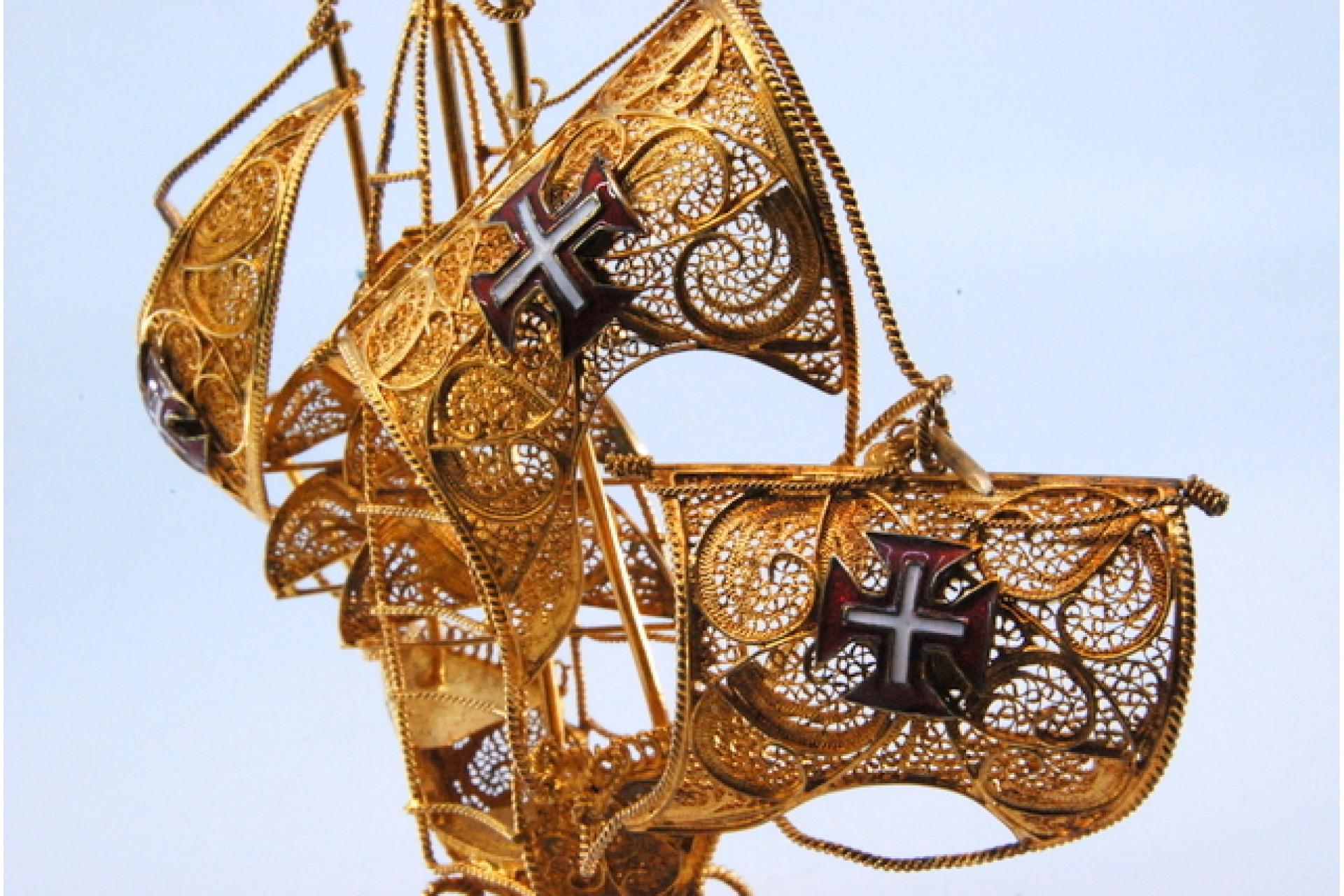 20th Century Gilded filigree caravel with enameled crosses on cut-out base For Sale