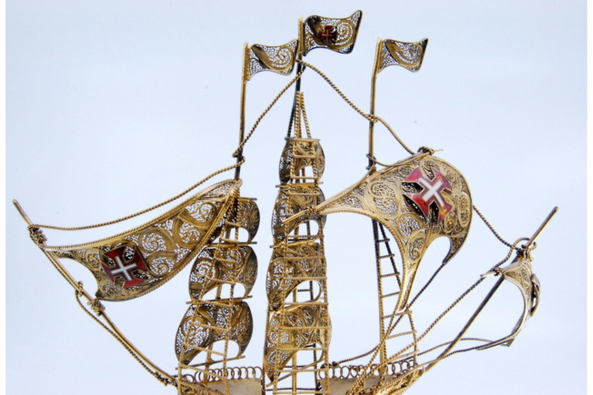 European Gilded filigree caravel with enameled crosses on scalloped base For Sale