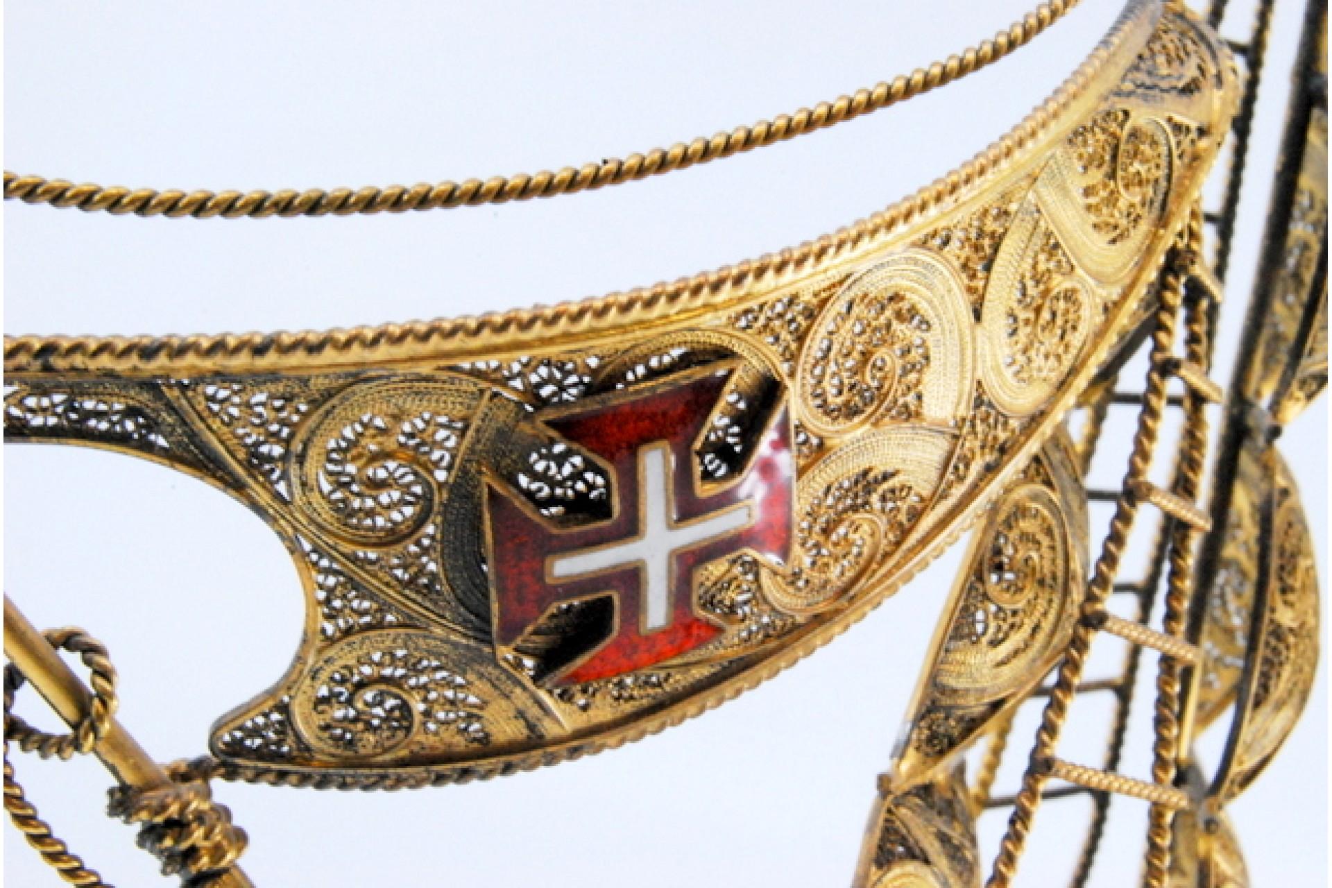20th Century Gilded filigree caravel with enameled crosses on scalloped base For Sale