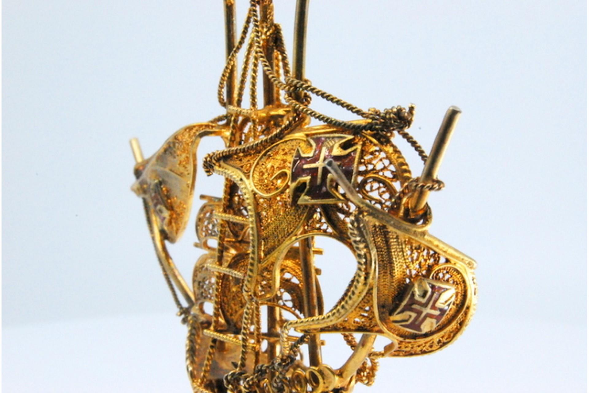 20th Century Gilded filigree caravel with enameled crosses on scalloped base For Sale