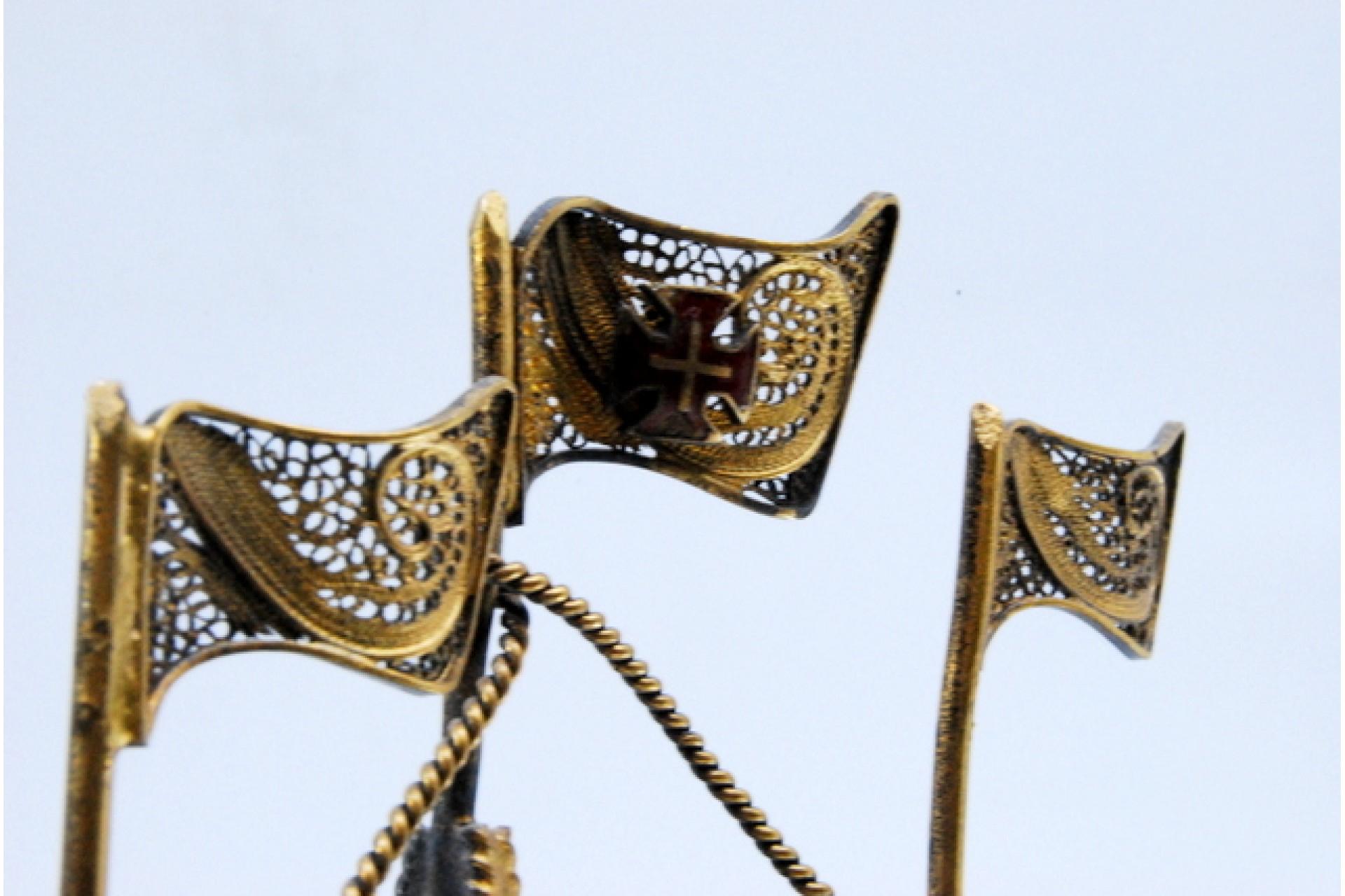 Silver Gilded filigree caravel with enameled crosses on scalloped base For Sale