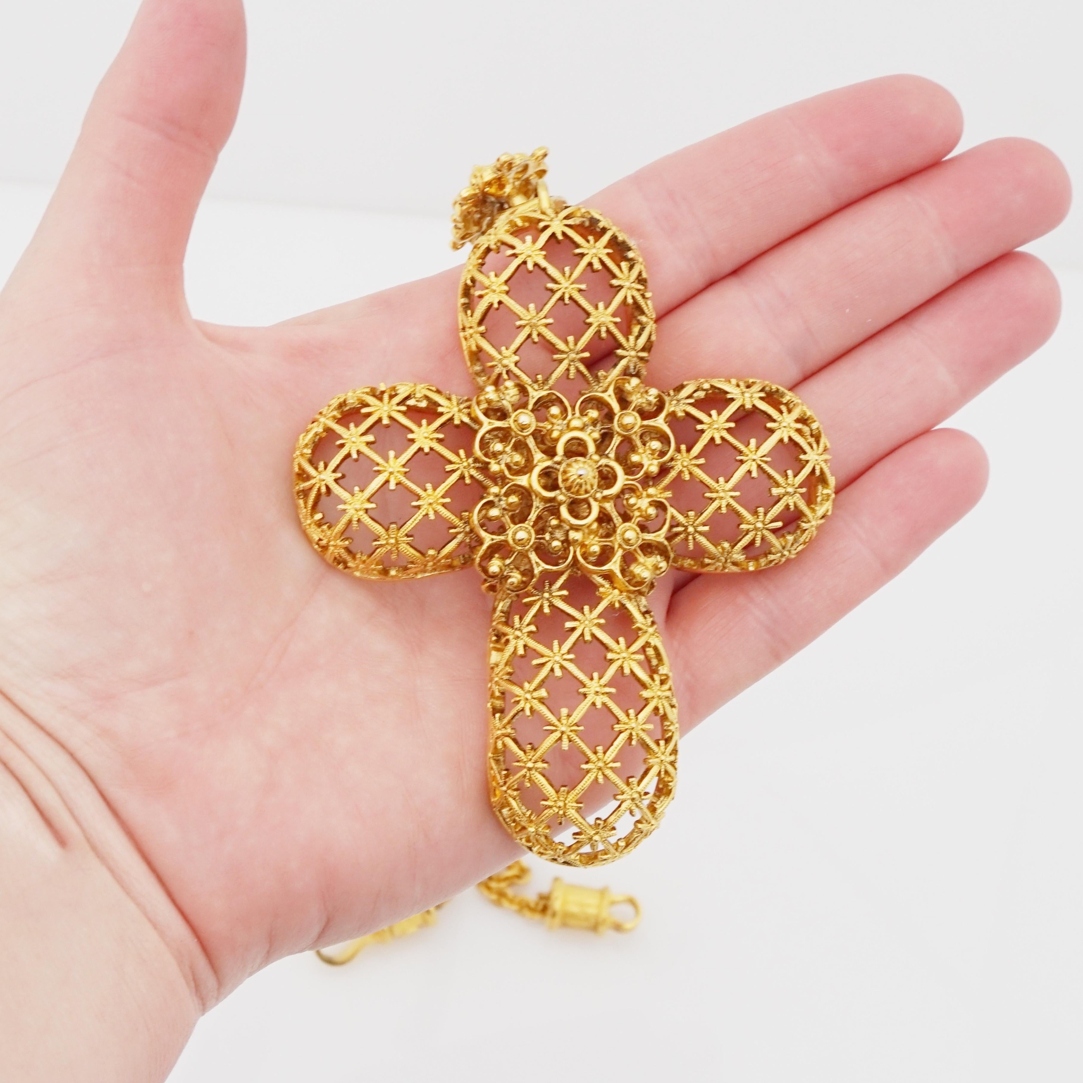 Gilded Filigree Cross Pendant Statement Necklace By Jose & Maria Barrera, 1990s For Sale 2