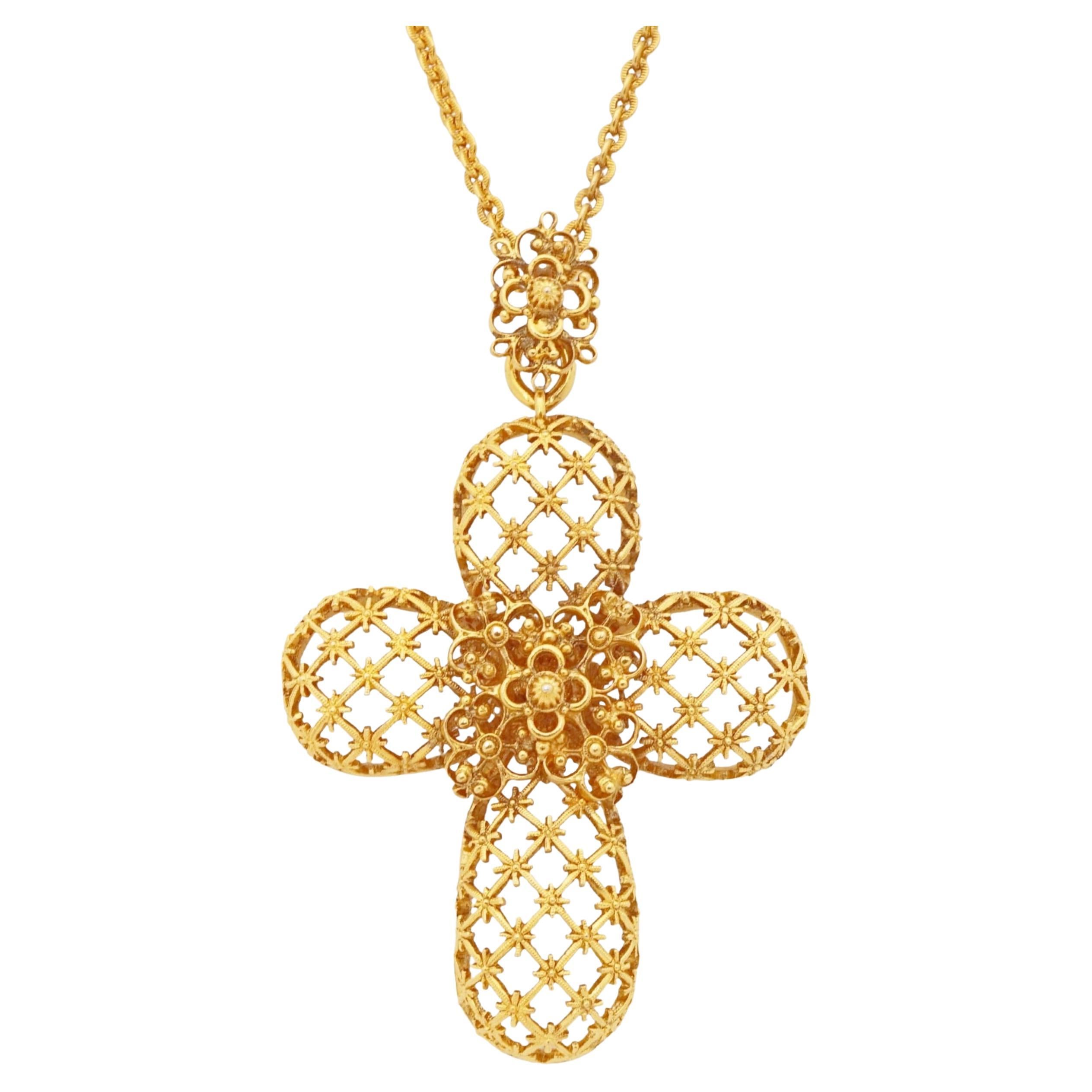Gilded Filigree Cross Pendant Statement Necklace By Jose & Maria Barrera, 1990s For Sale