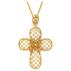 Vintage Gilded Filigree Cross Pendant Statement Necklace By Jose & Maria Barrera, 1990s