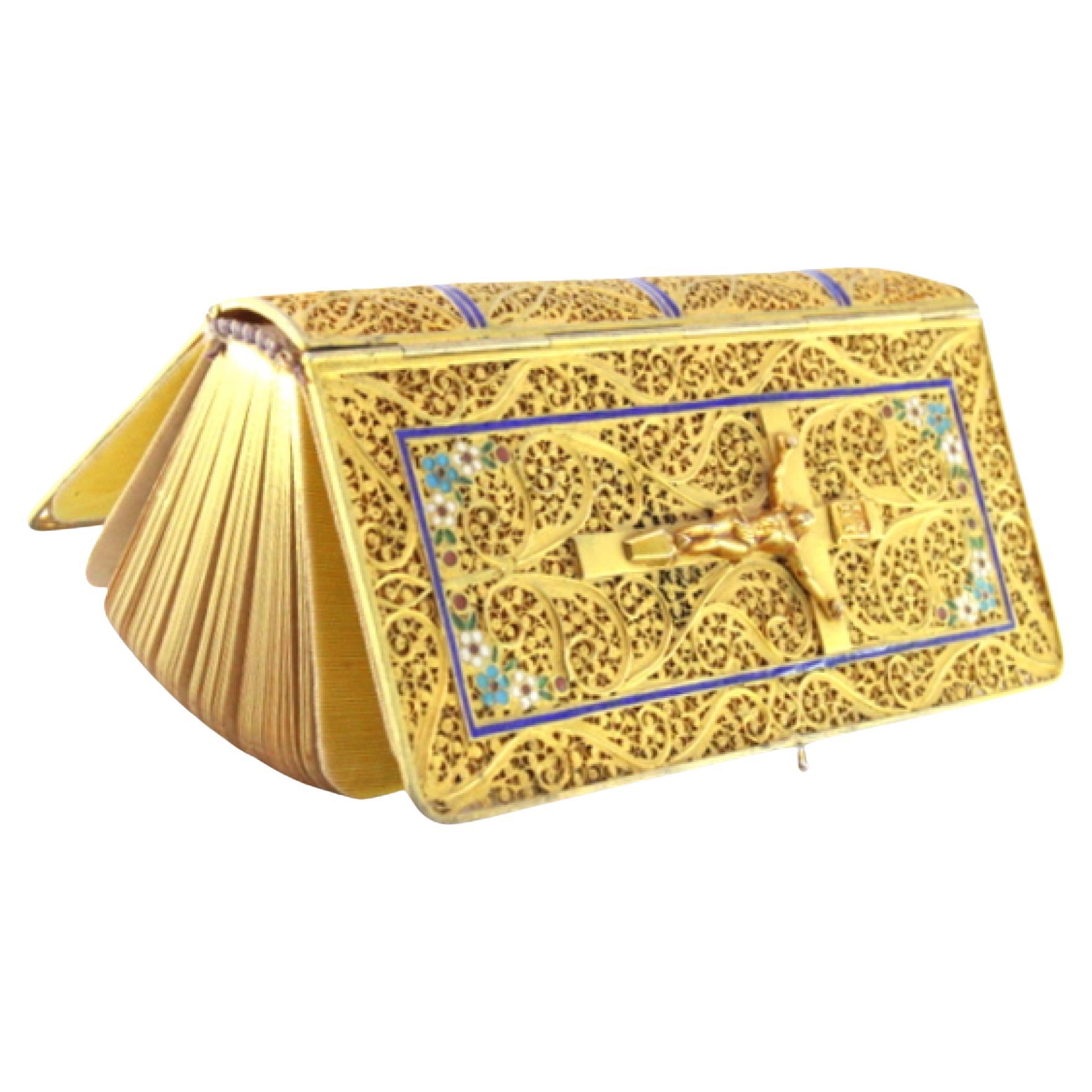 Gilded filigree silver prayer book with central crucifix and enameled frieze For Sale