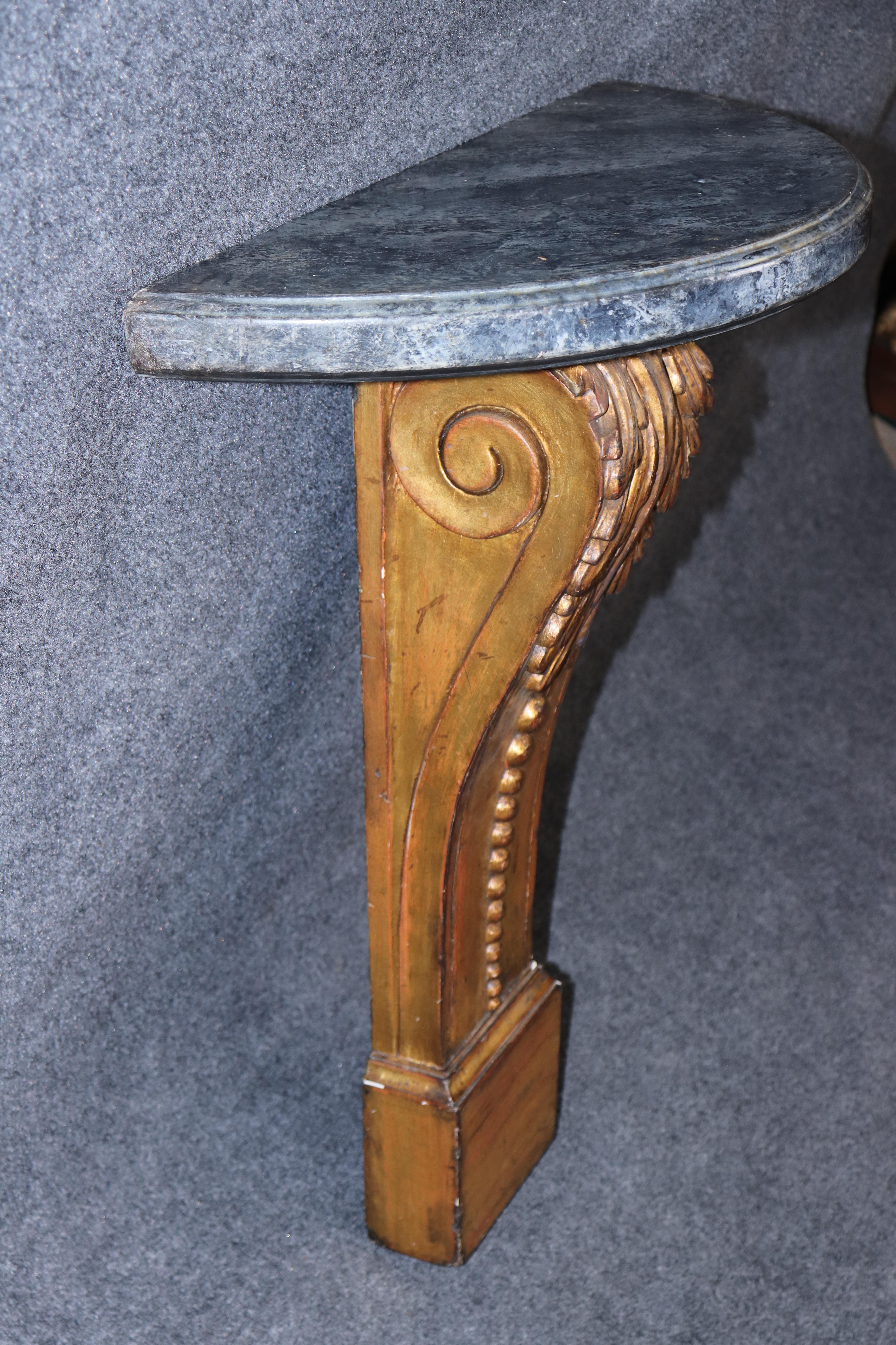 Neoclassical Revival Gilded Fine Carved Italian Faux Painted Marble Top Wall Mounted Console Table For Sale