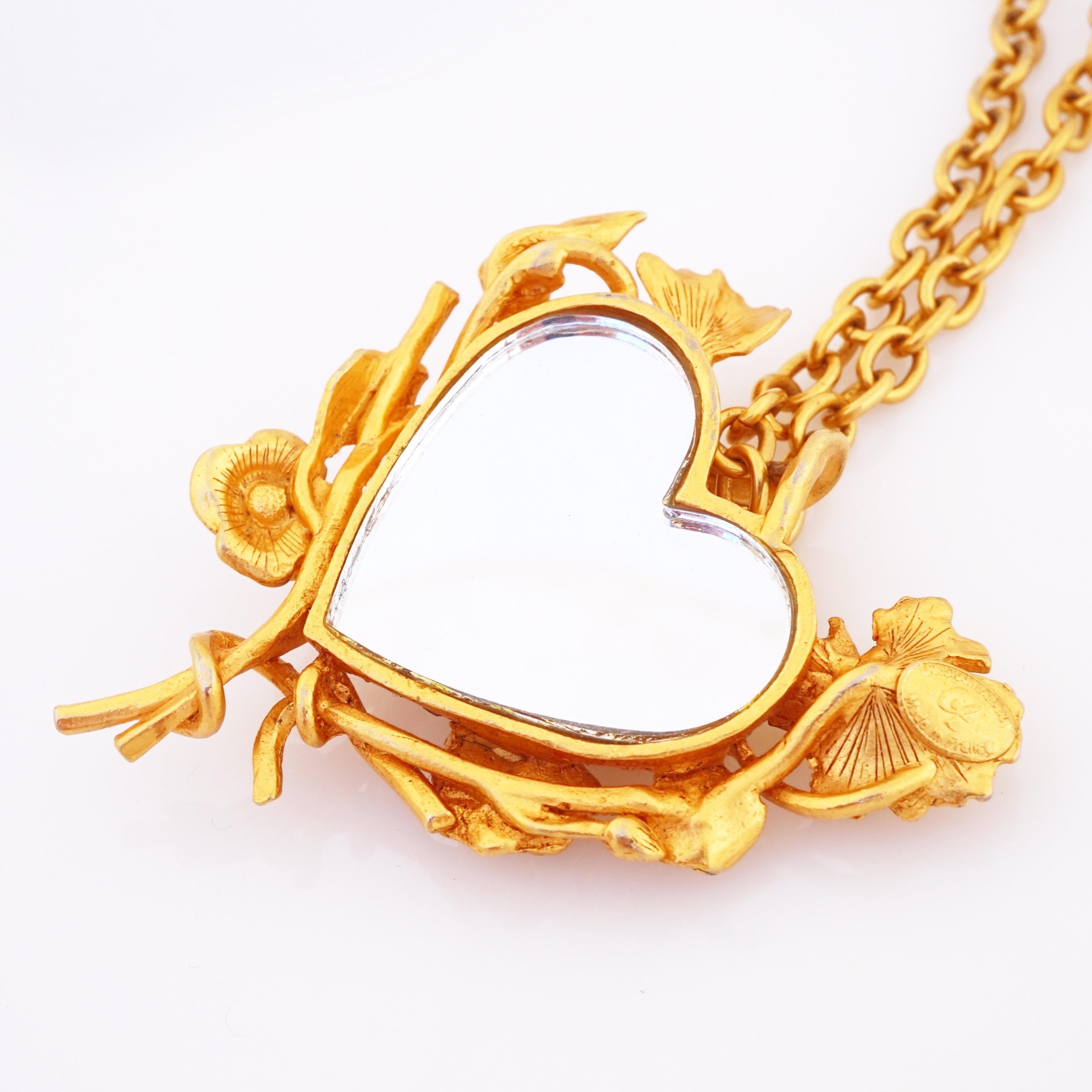 Women's Gilded Floral Motif Heart Pendant Necklace Necklace By Christian Lacroix, 1990s