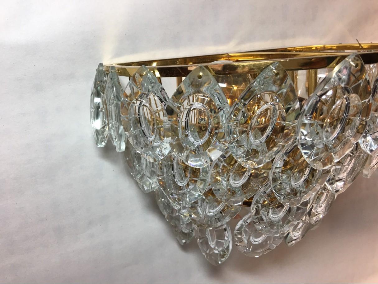 Gilded Four-Tiered Crystal Sconces, Austria, 1970s In Good Condition For Sale In Frisco, TX