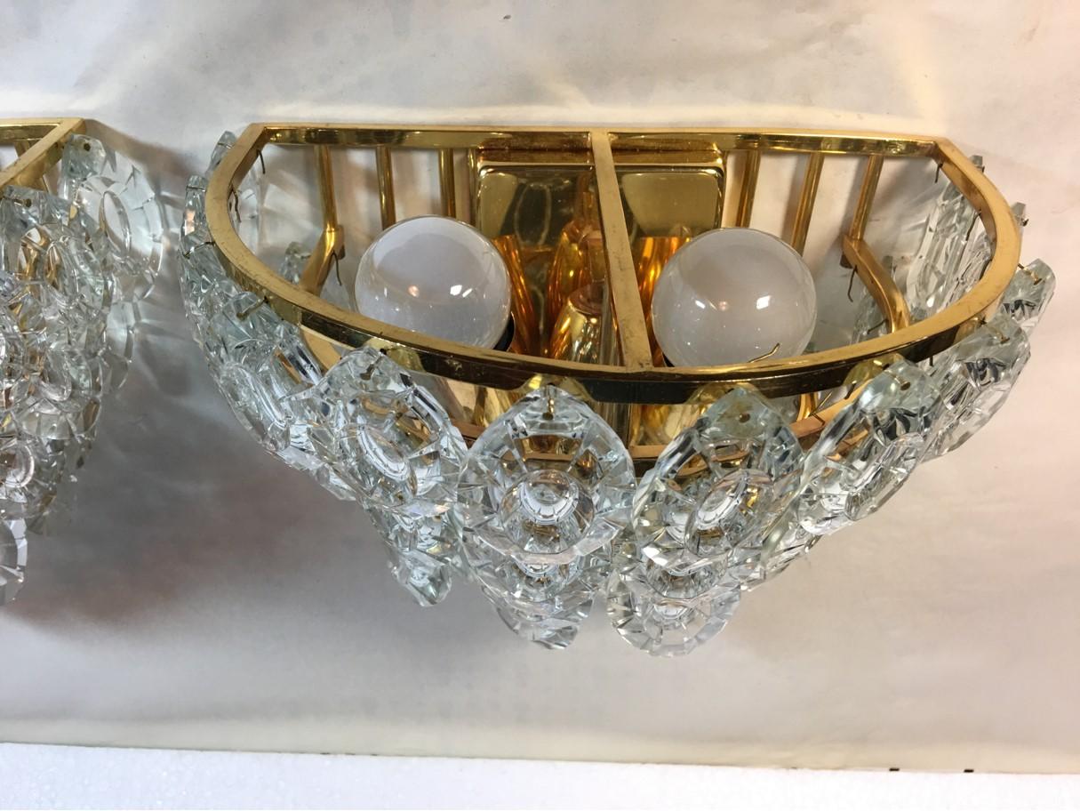 Late 20th Century Gilded Four-Tiered Crystal Sconces, Austria, 1970s For Sale