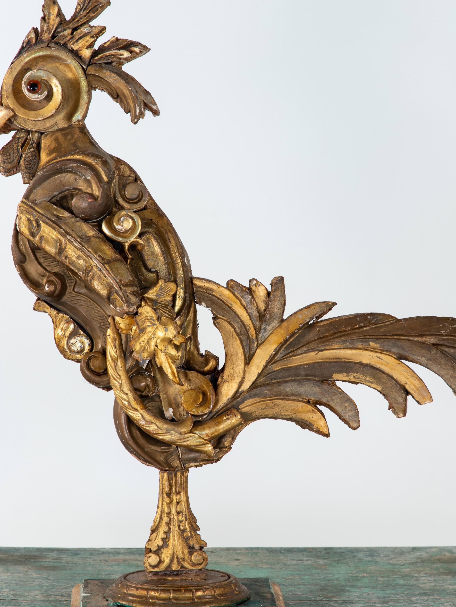 All handmade by an Italian artisan, this Rooster is constructed of many reclaimed fragments. A single piece of giltwood fragment inspires the artisan to create beautiful roosters, fish, and sunbursts. Then each fragment is selected and