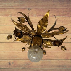Gilded Gilt Metal Leafs Rose Flower Tole Hollywood Regency Flush Mount, Italy