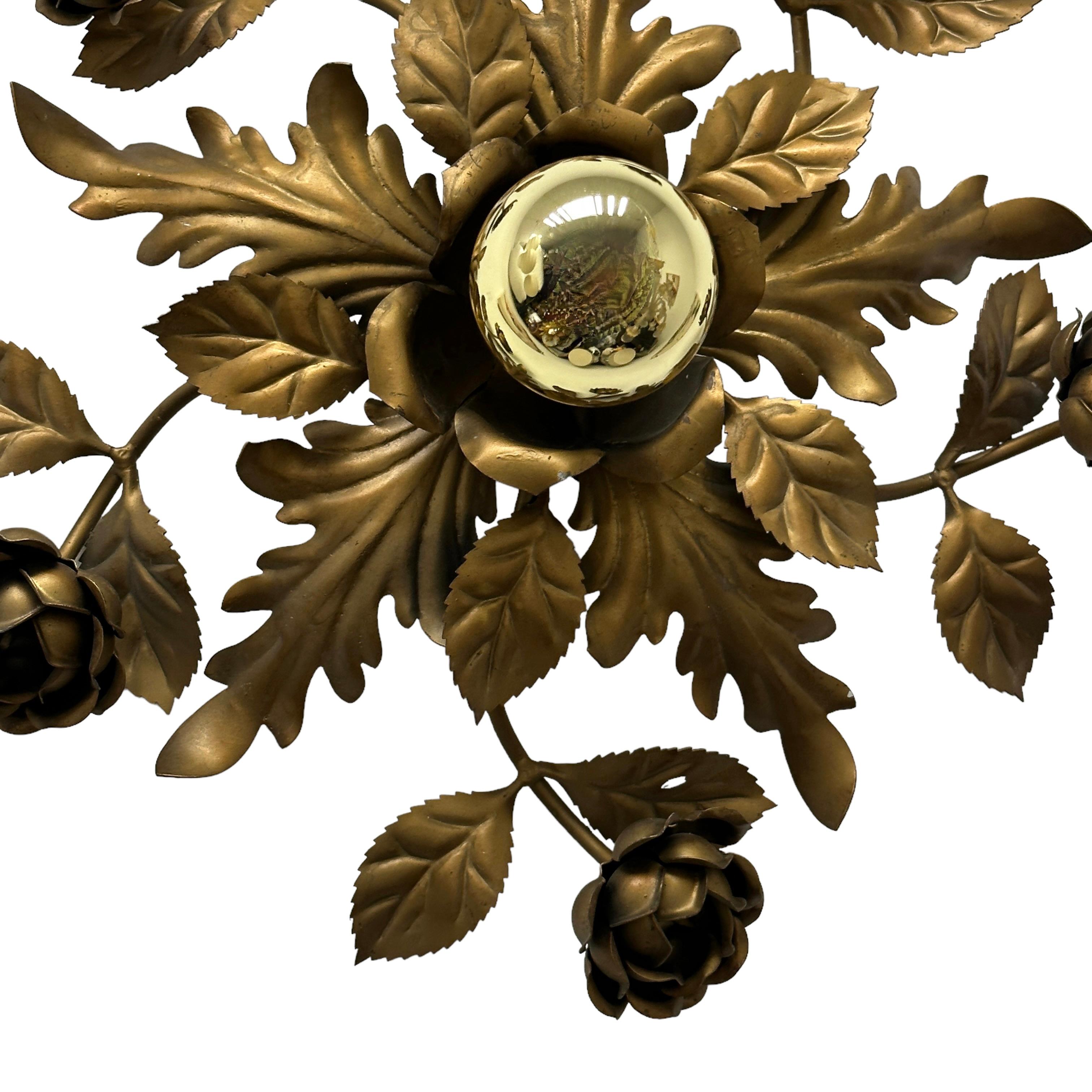 Italian Gilded Gilt Metal Leafs Rose Flower Tole Hollywood Regency Flush Mount Italy For Sale