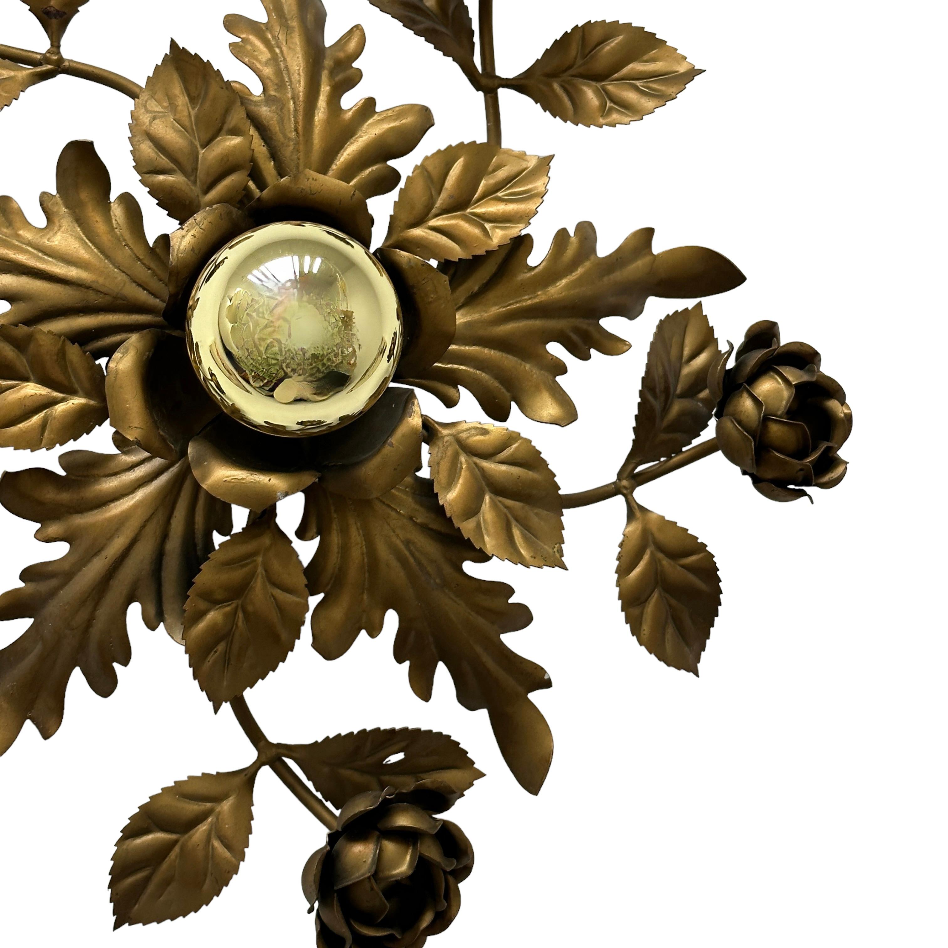 Gilded Gilt Metal Leafs Rose Flower Tole Hollywood Regency Flush Mount Italy In Good Condition For Sale In Nuernberg, DE