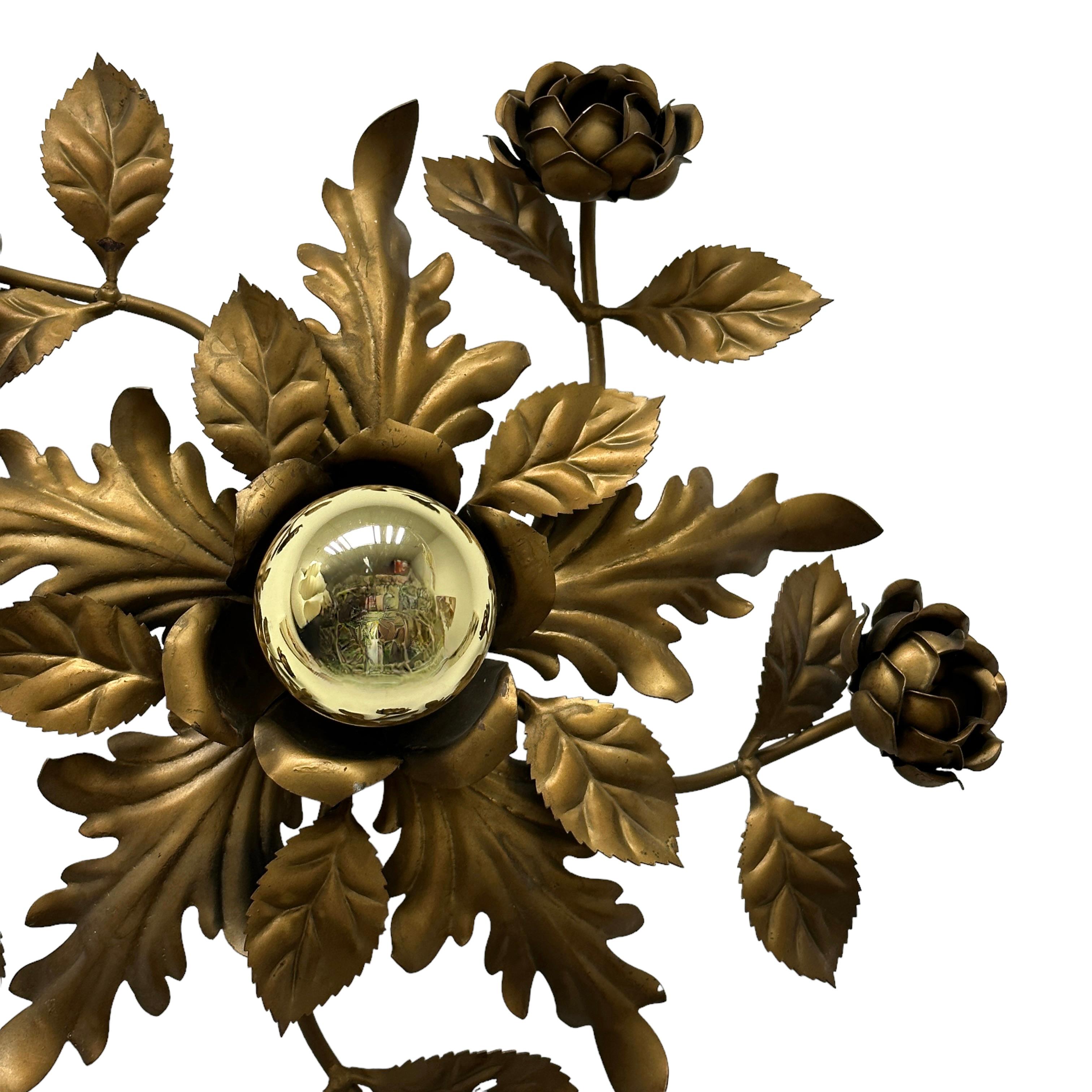 Mid-20th Century Gilded Gilt Metal Leafs Rose Flower Tole Hollywood Regency Flush Mount Italy For Sale
