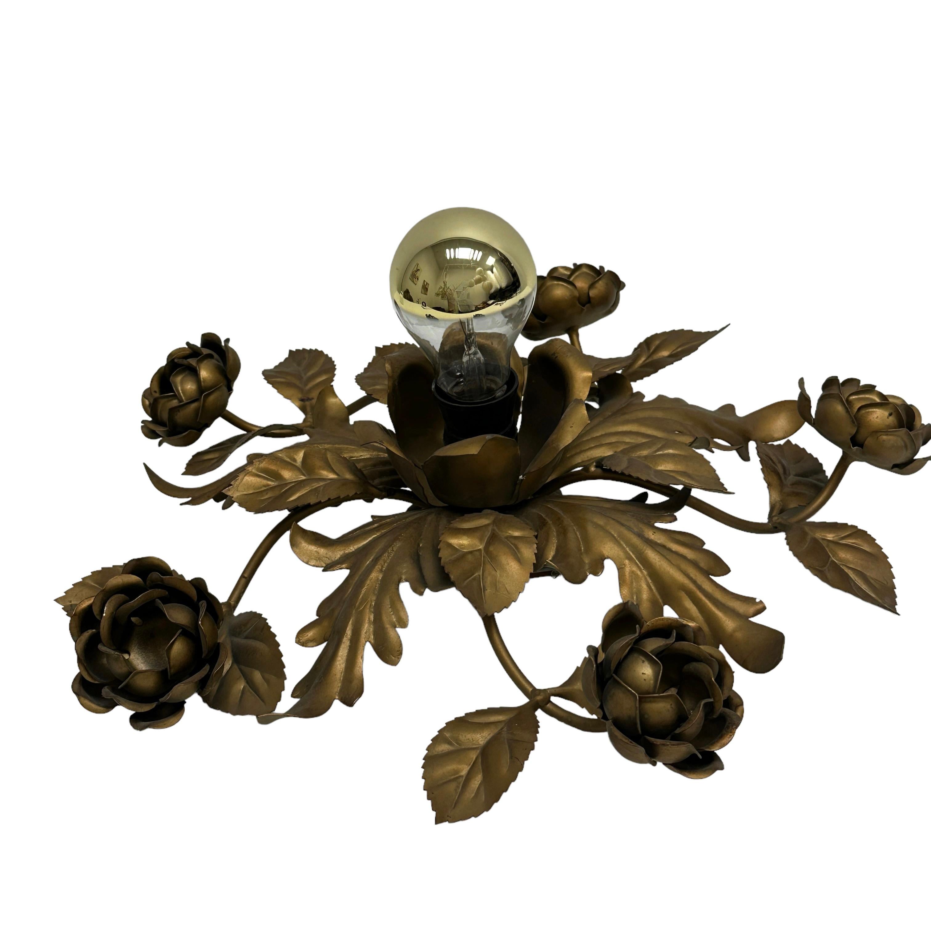 Gilded Gilt Metal Leafs Rose Flower Tole Hollywood Regency Flush Mount Italy For Sale 2