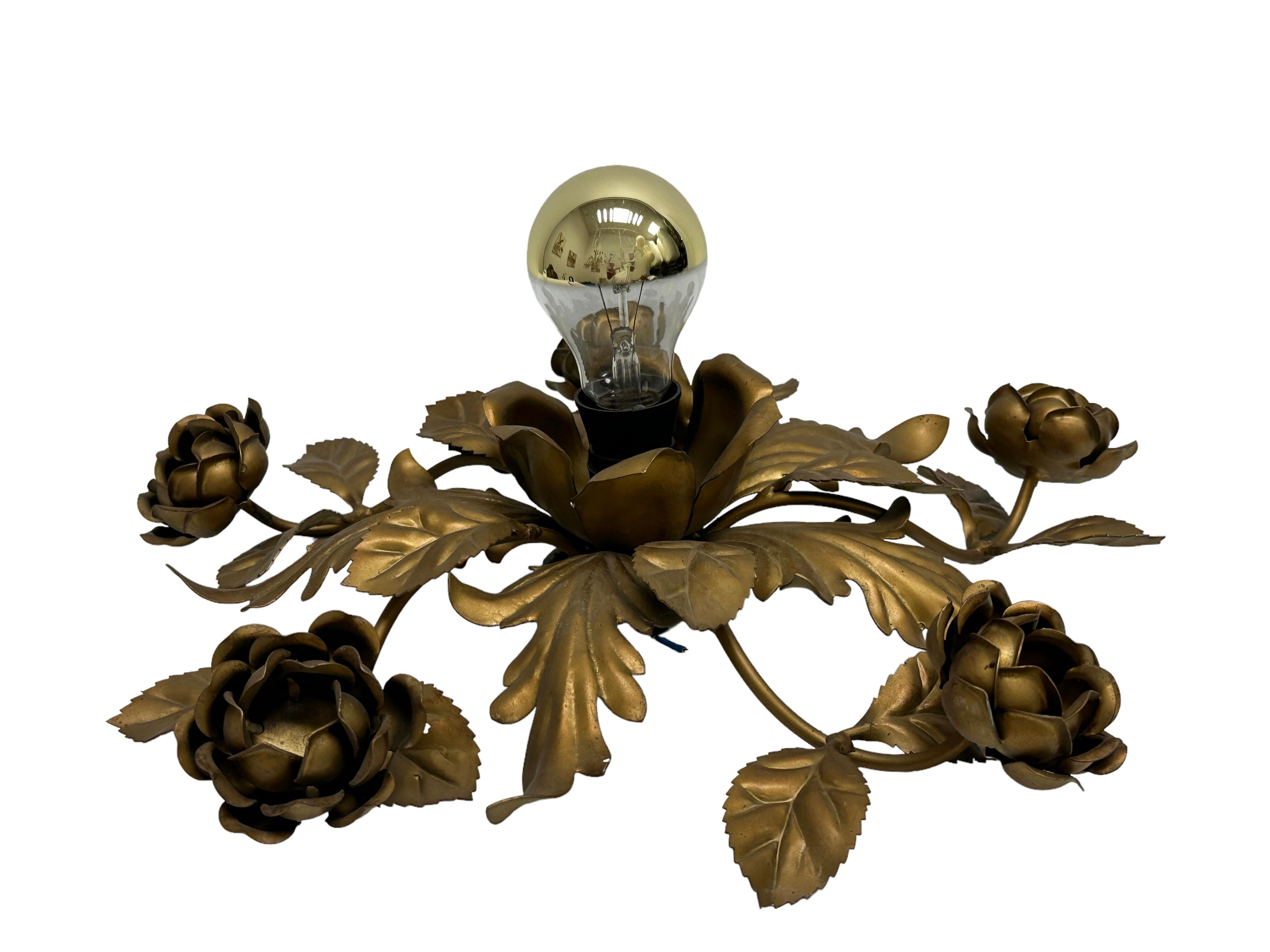 Gilded Gilt Metal Leafs Rose Flower Tole Hollywood Regency Flush Mount Italy For Sale 3