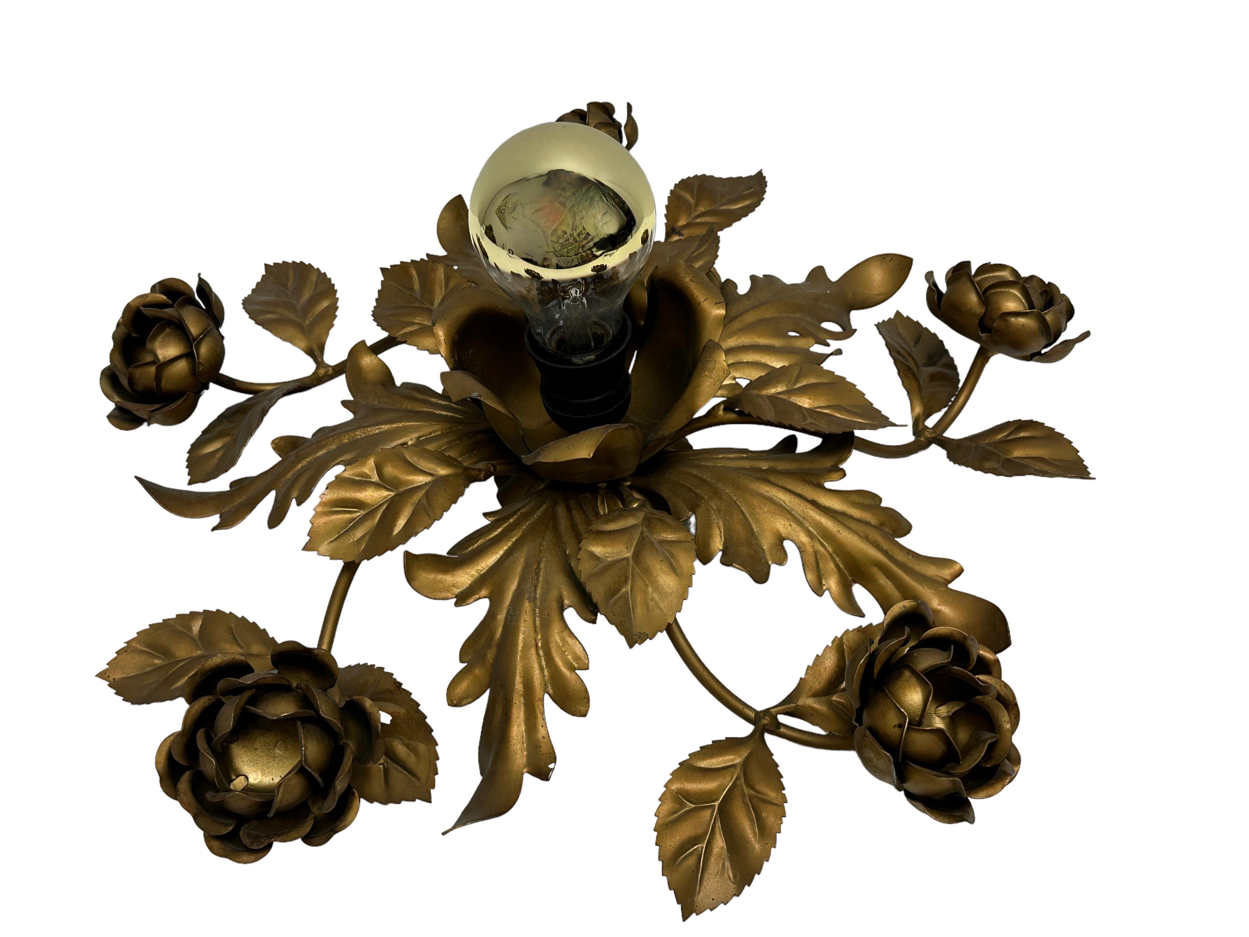 Gilded Gilt Metal Leafs Rose Flower Tole Hollywood Regency Flush Mount Italy For Sale 4