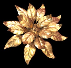 Gilded Gilt Metal Leafs Tole Hollywood Regency Flush Mount by Koegel, Germany