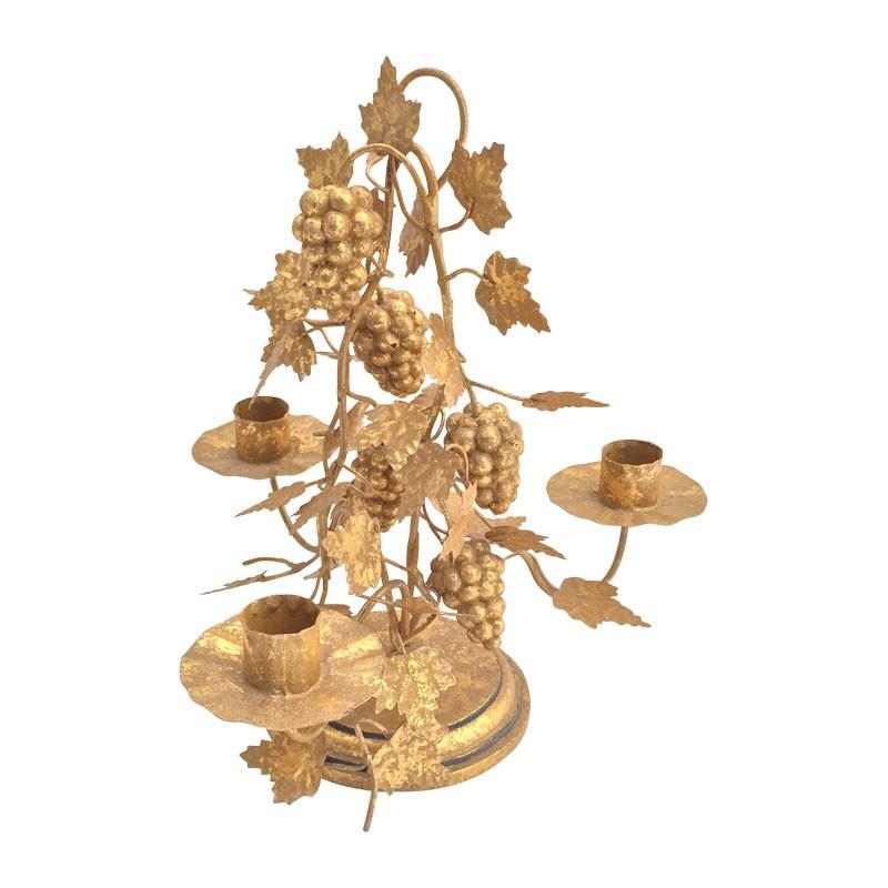 Decorative handmade candelabra for unique centerpiece decoration or even more.
Great effect as a pair on a table and matches with many other pieces of this collection.
Handcrafted tin and nice gilded color hand painted patina. with applied sheet